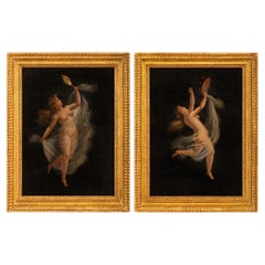 Paire de peintures italiennes du 19e siècle à la gouache et au bois doré