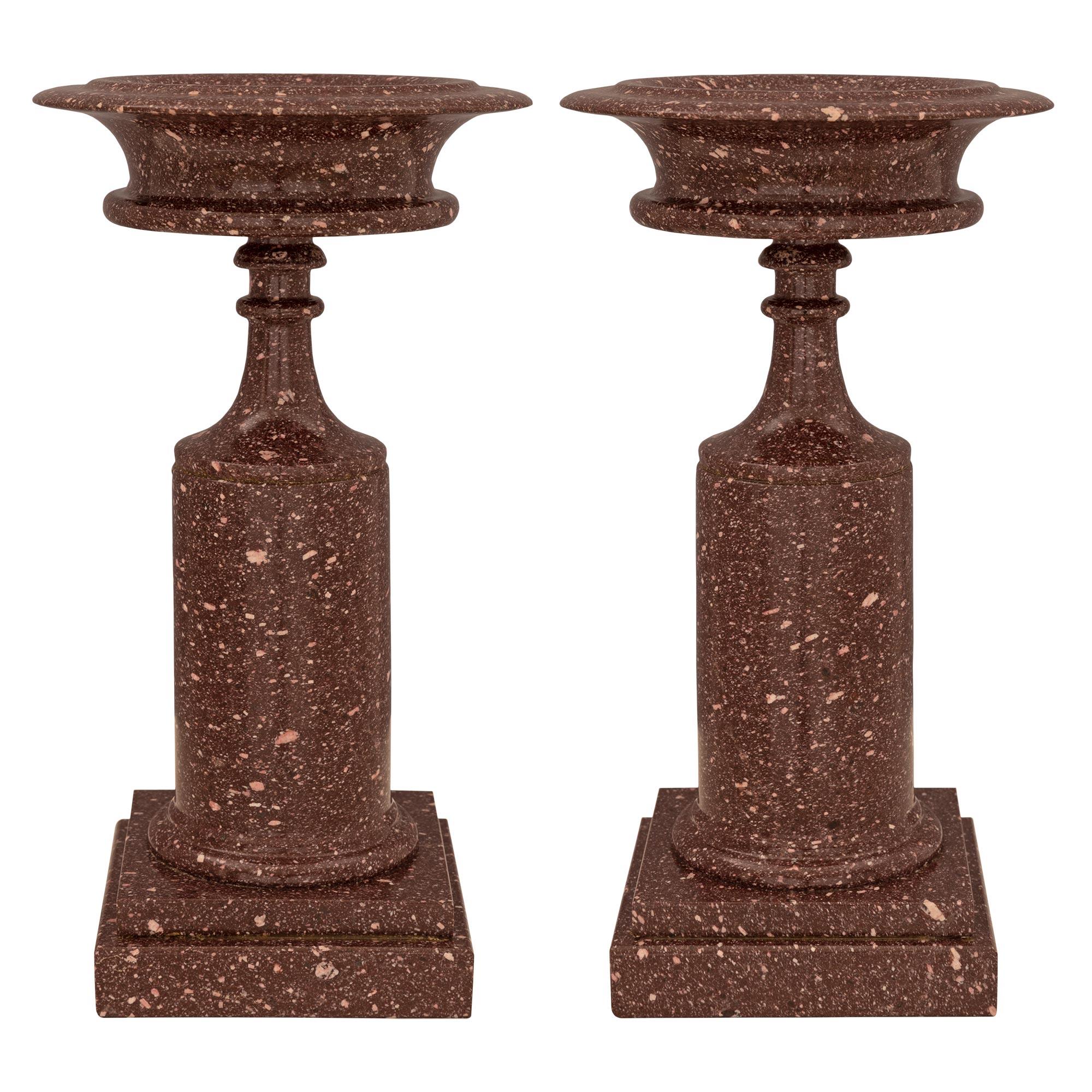 An extremely elegant pair of Italian 19th century Neo-Classical st. Grand Tour period Imperial Porphyry tazzas. Each tazza with wonderful proportions is raised by a square stepped base below the superb baluster shaped central support with an elegant