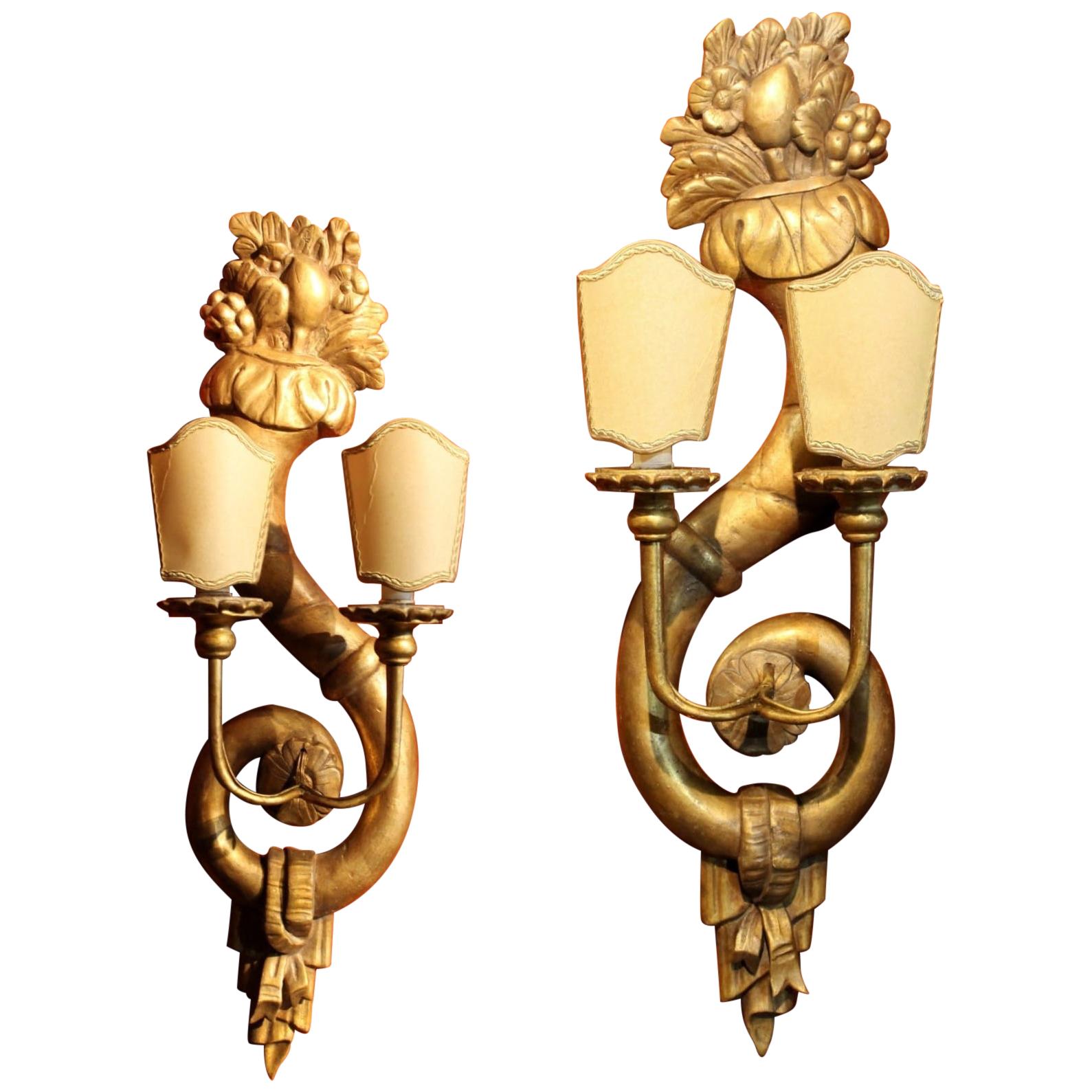 Italian 19th Century Neoclassic Hand Carved Giltwood Two Lights Wall Sconces