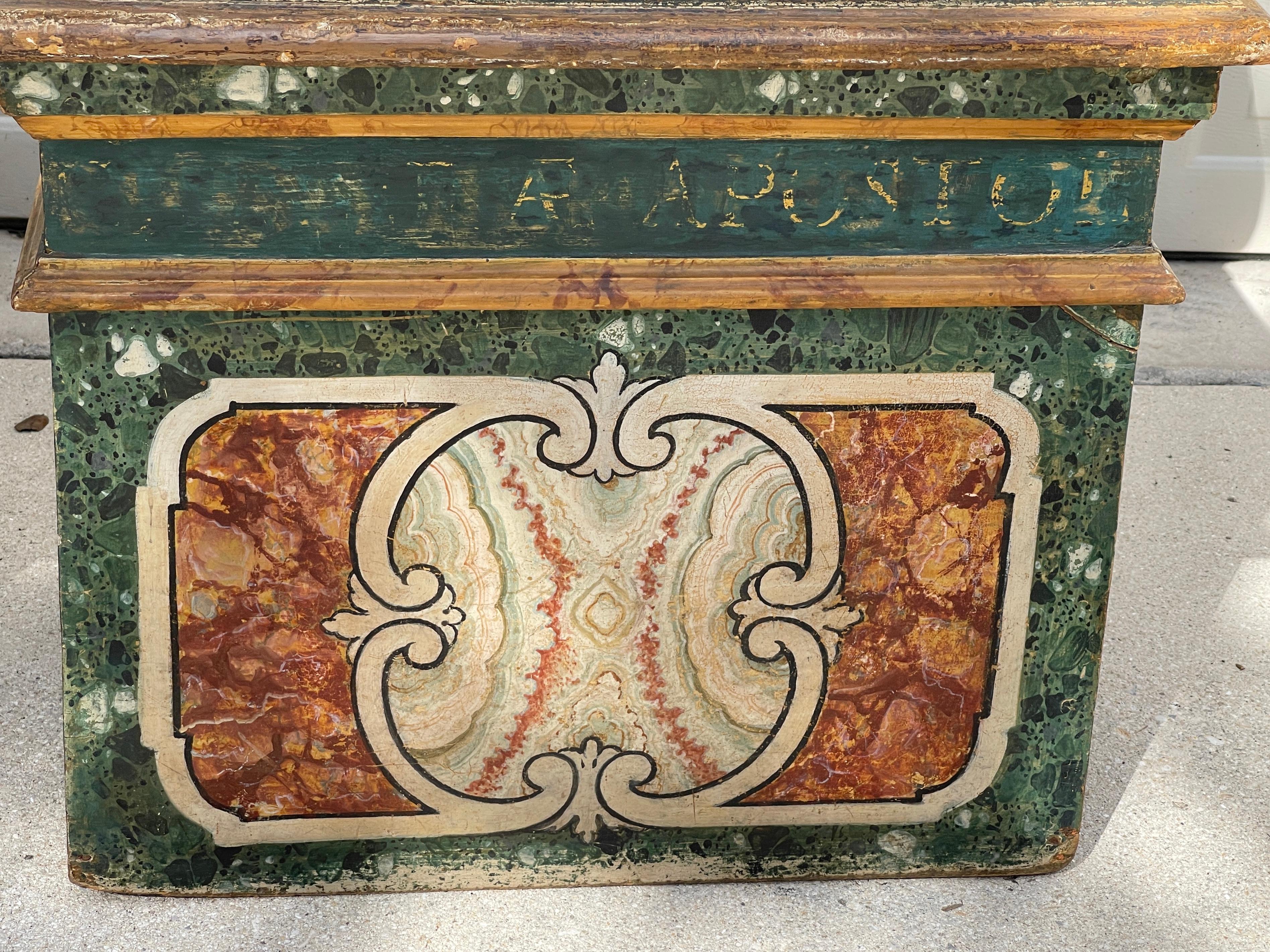 Italian 19th Century Hand Painted Faux Marble Hall Chairs With Armorials, Pair For Sale 3
