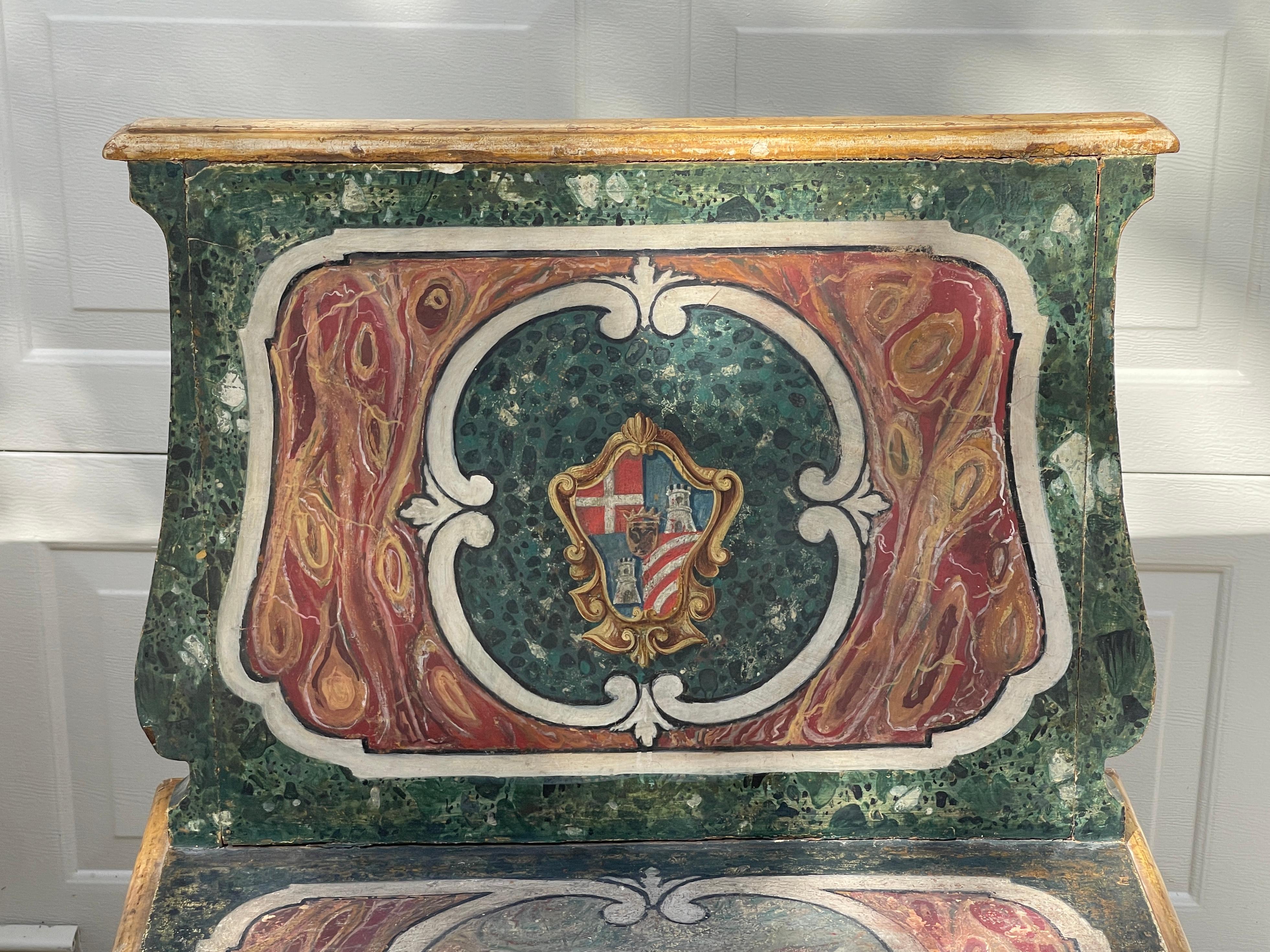 Italian 19th Century Hand Painted Faux Marble Hall Chairs With Armorials, Pair For Sale 4