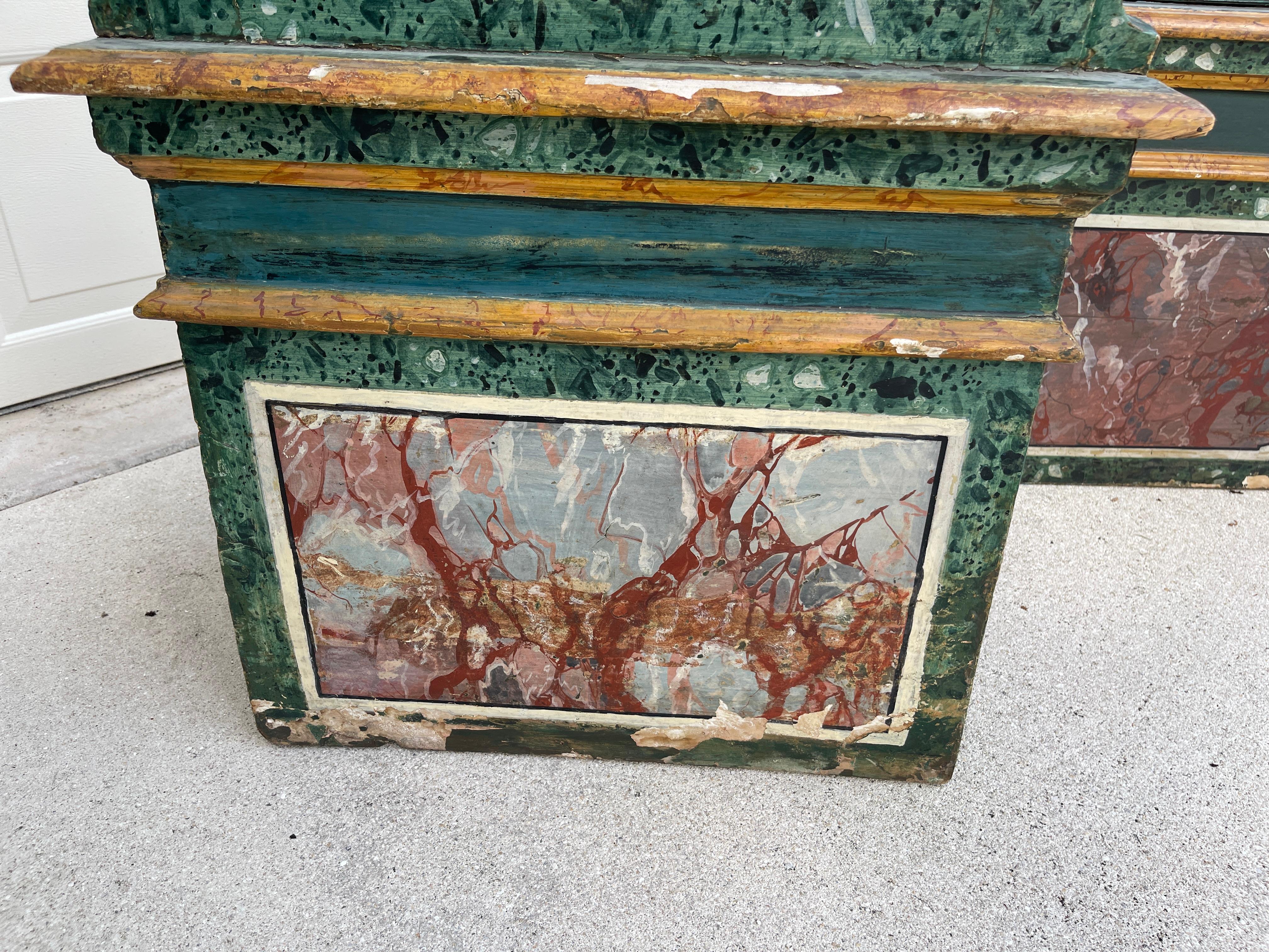 Italian 19th Century Hand Painted Faux Marble Hall Chairs With Armorials, Pair For Sale 5