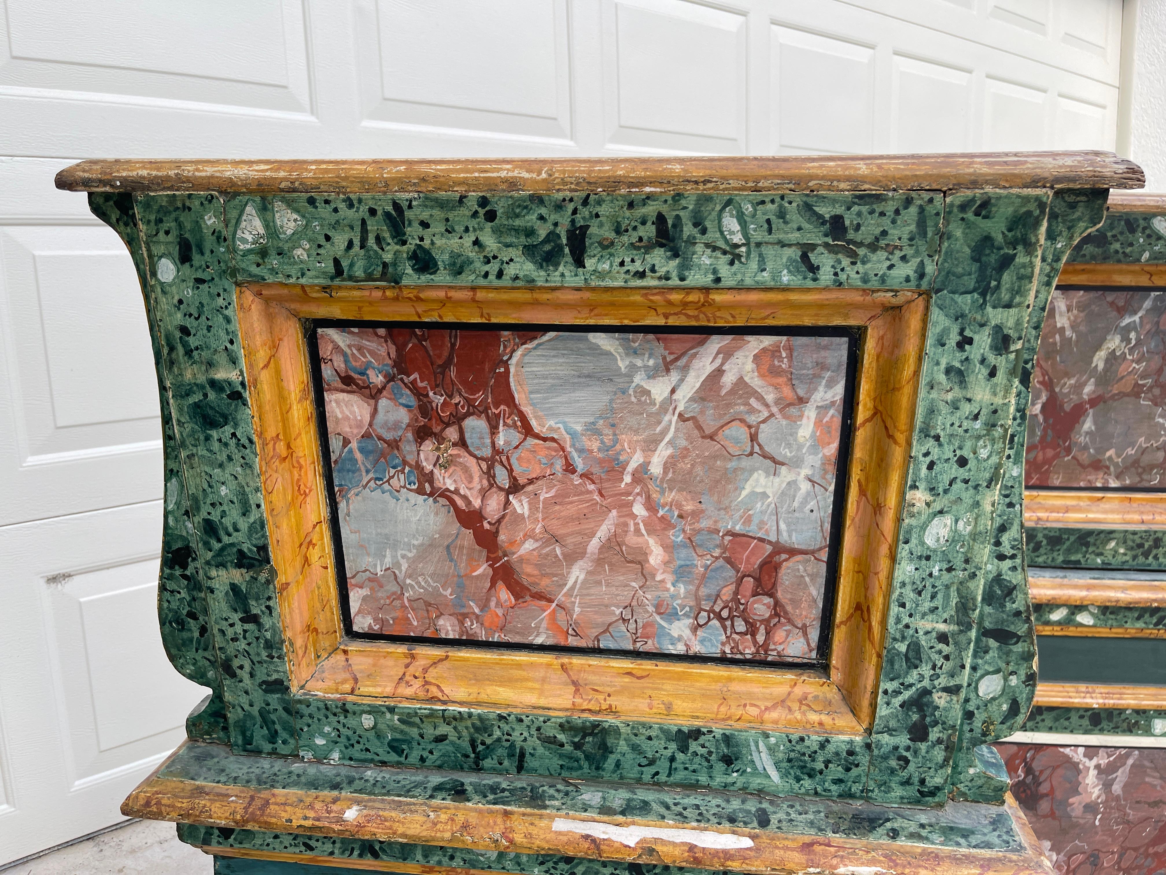 Italian 19th Century Hand Painted Faux Marble Hall Chairs With Armorials, Pair For Sale 6