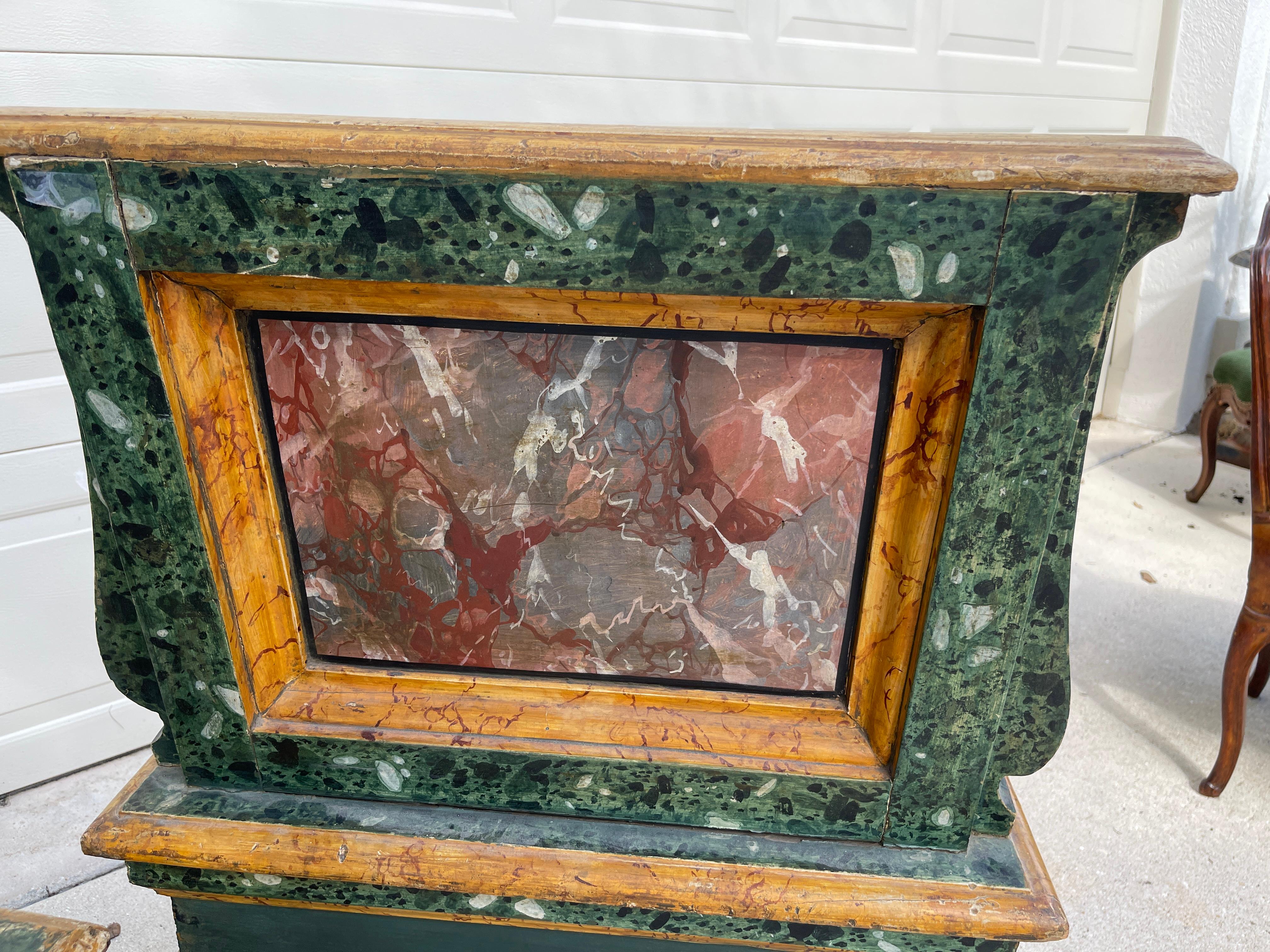 Italian 19th Century Hand Painted Faux Marble Hall Chairs With Armorials, Pair For Sale 8