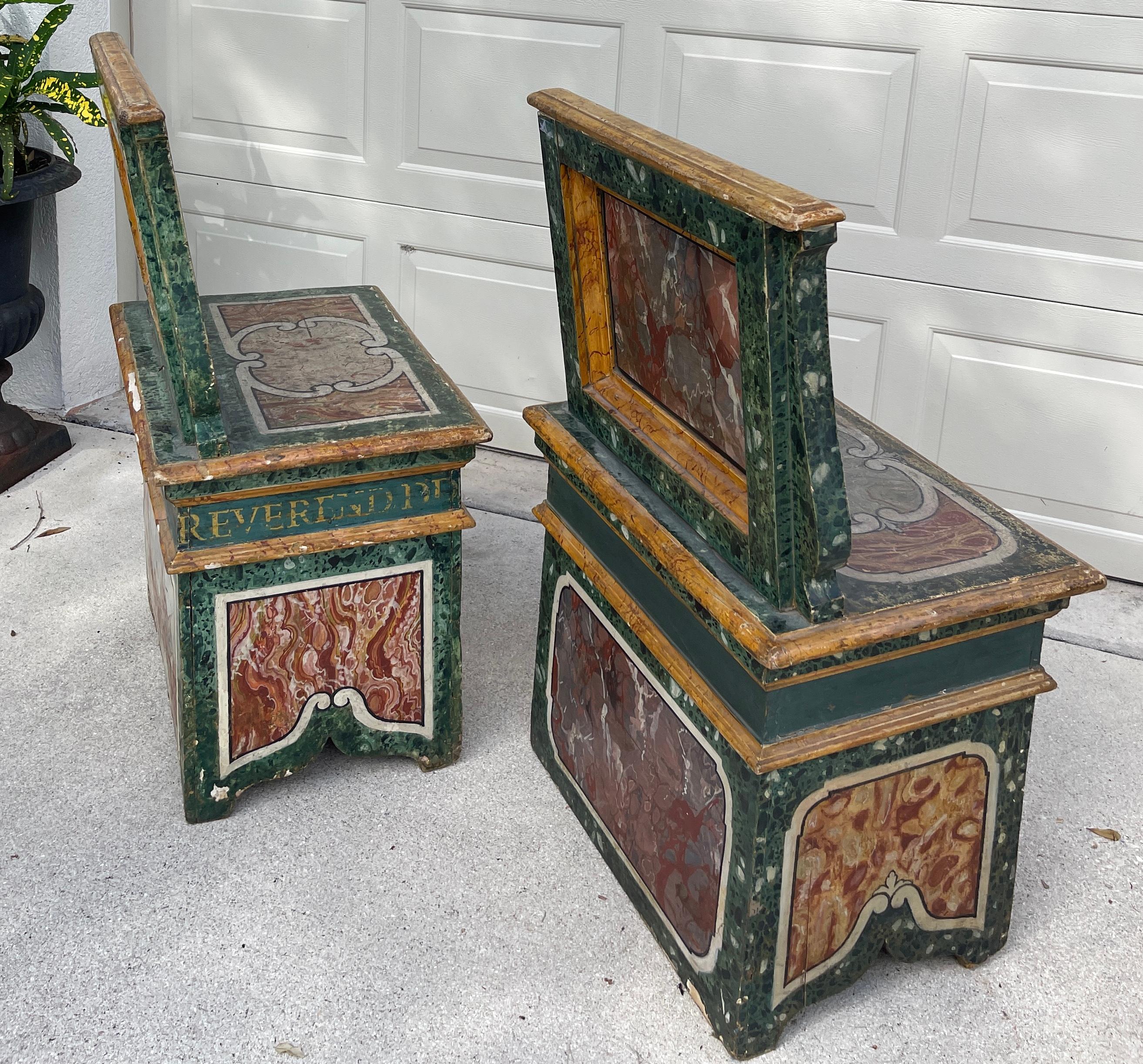Hand-Crafted Italian 19th Century Hand Painted Faux Marble Hall Chairs With Armorials, Pair For Sale