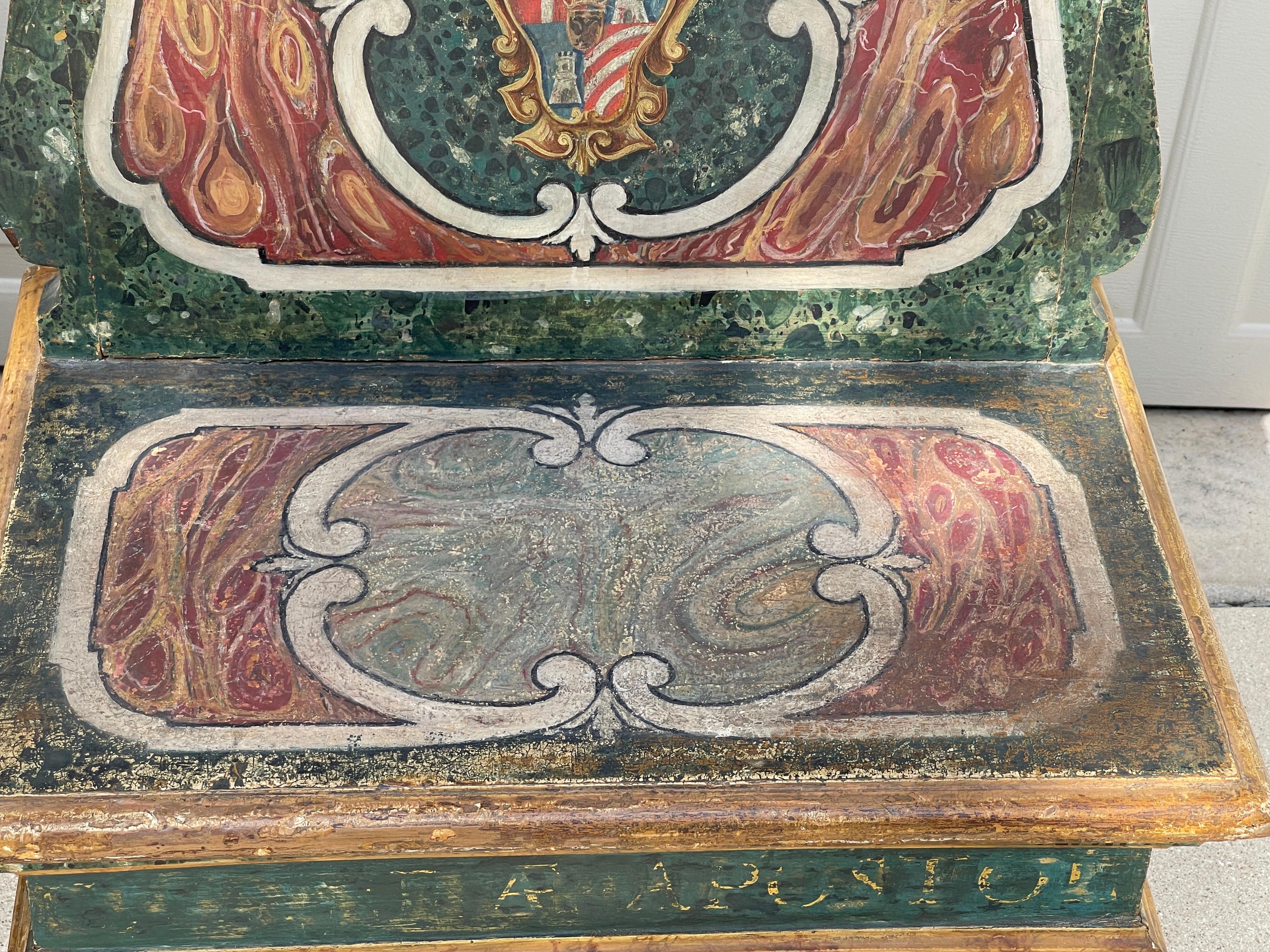 Italian 19th Century Hand Painted Faux Marble Hall Chairs With Armorials, Pair For Sale 2