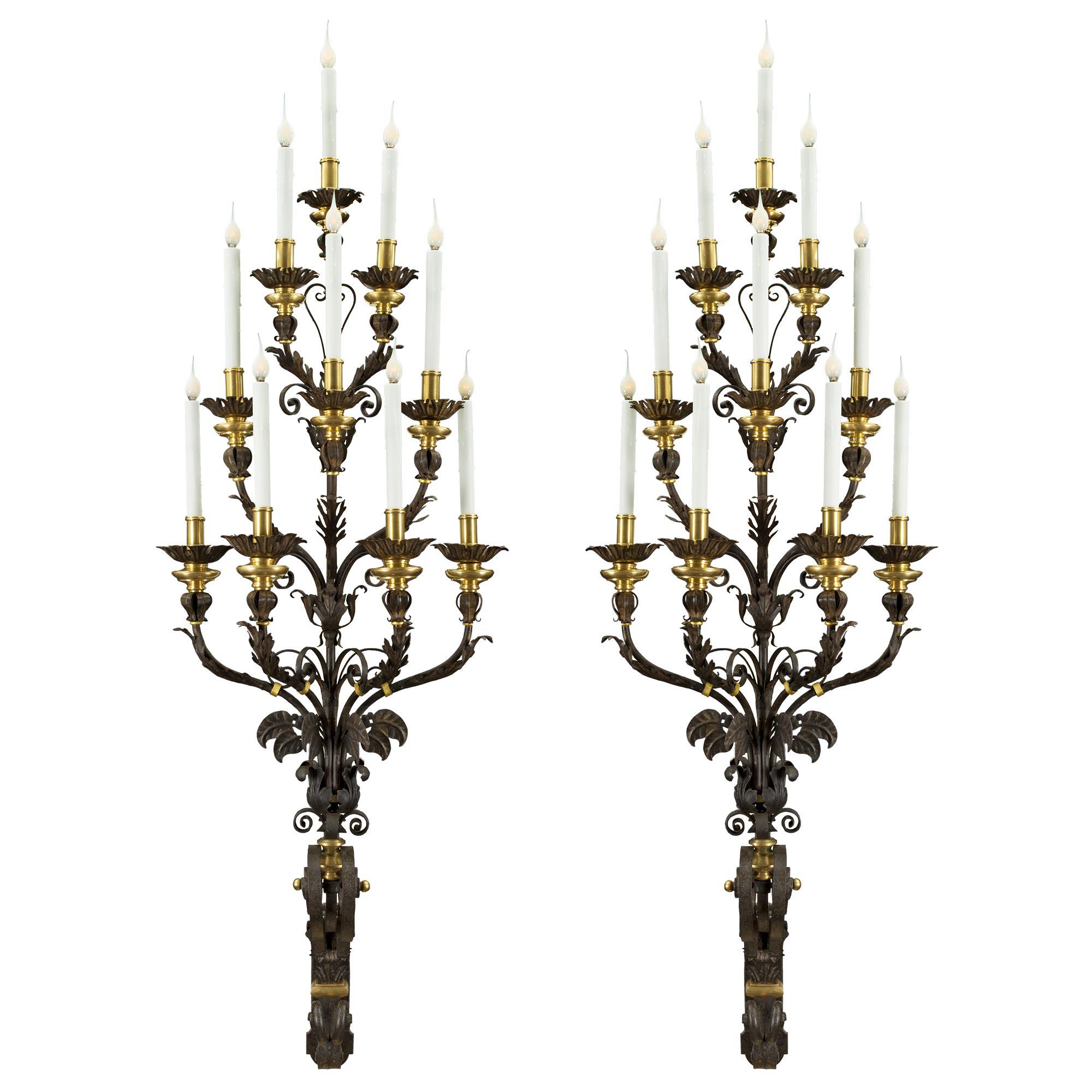 Pair of Italian 19th Century Iron, Ormolu and Gilt Iron Ten-Arm Sconces For Sale