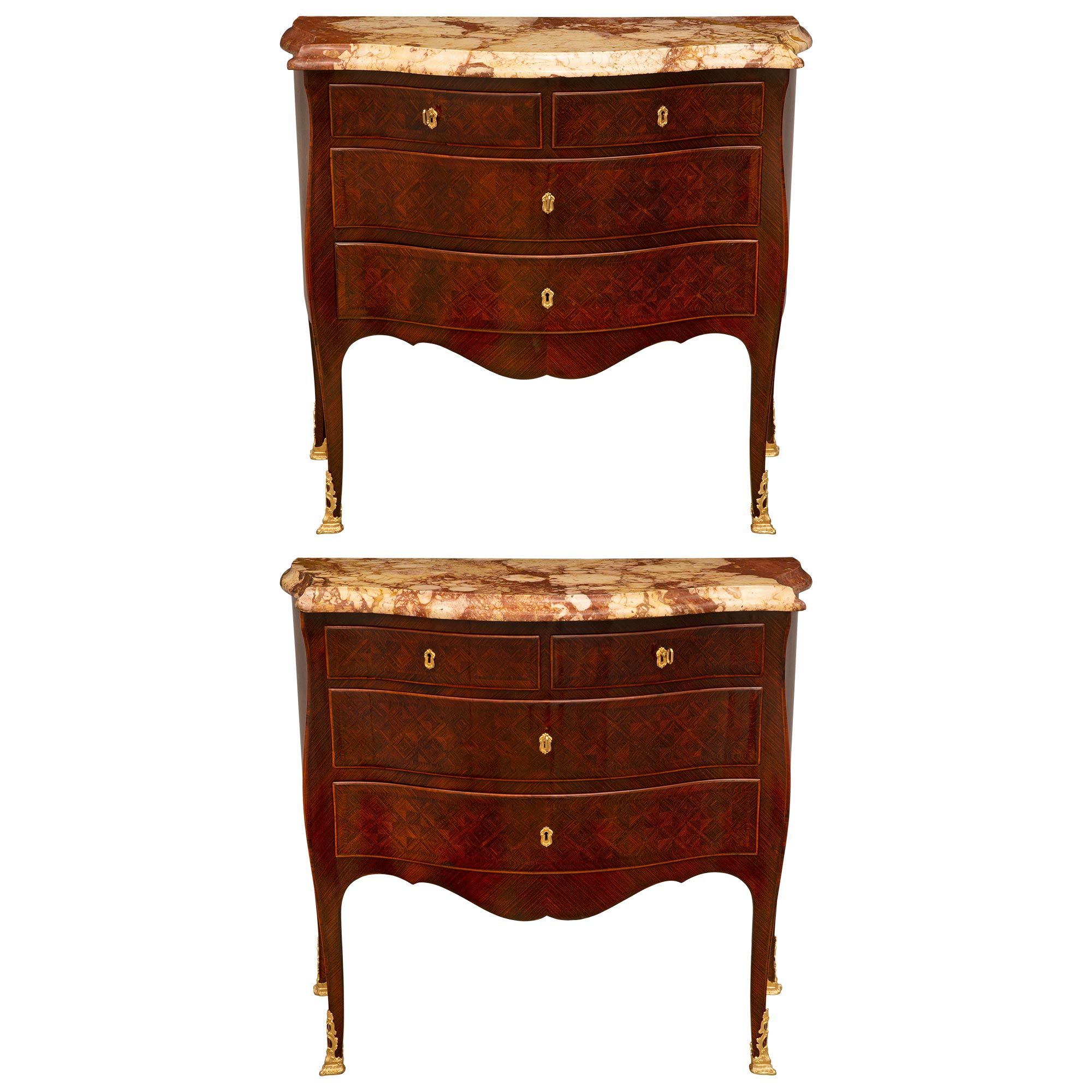Pair of Italian 19th Century Kingwood, Marble, and Ormolu Commodes For Sale