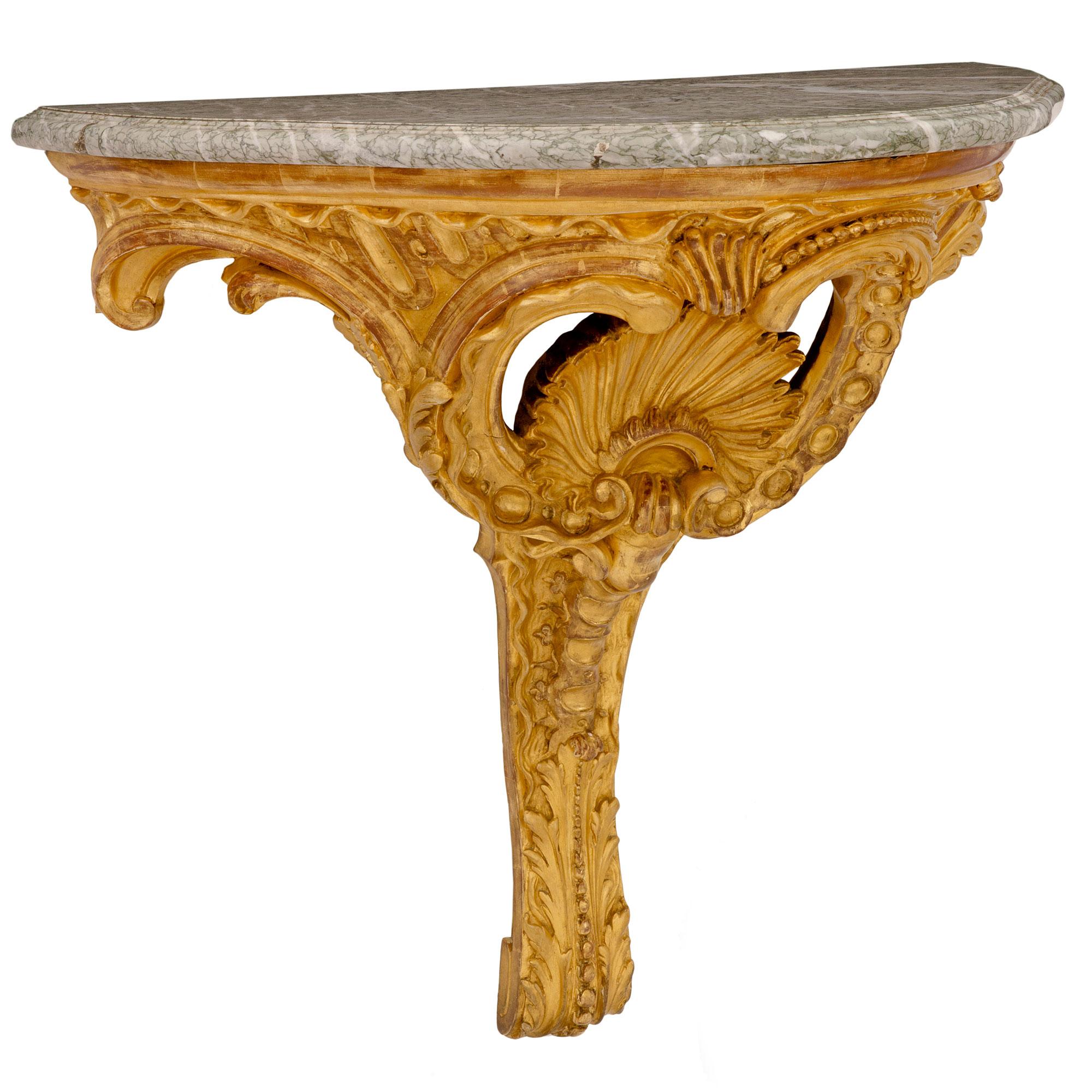 Pair of Italian 19th Century Louis XV St. Giltwood and Marble Console In Good Condition For Sale In West Palm Beach, FL