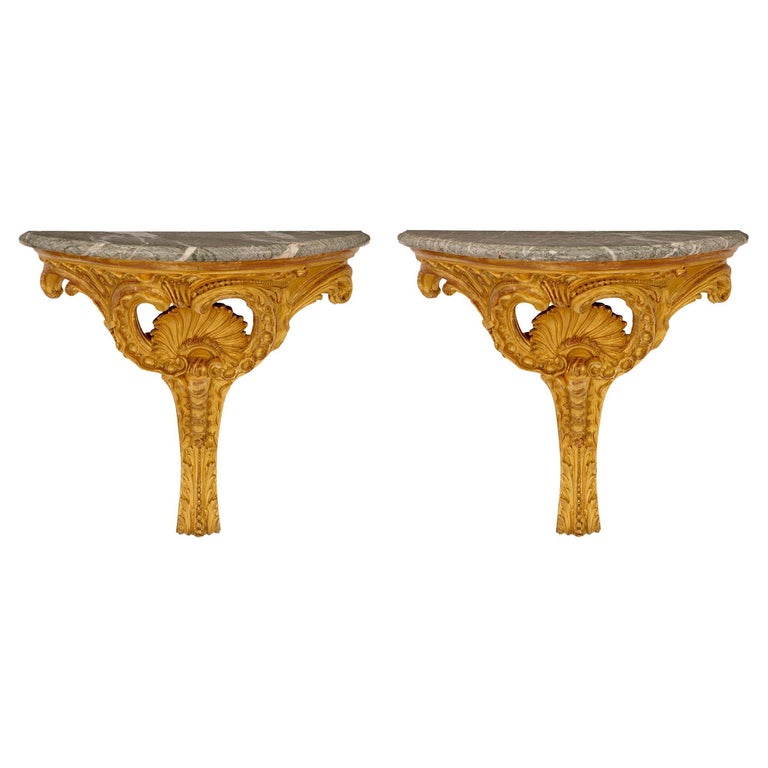 Pair of Italian 19th Century Louis XV St. Giltwood and Marble Console ...