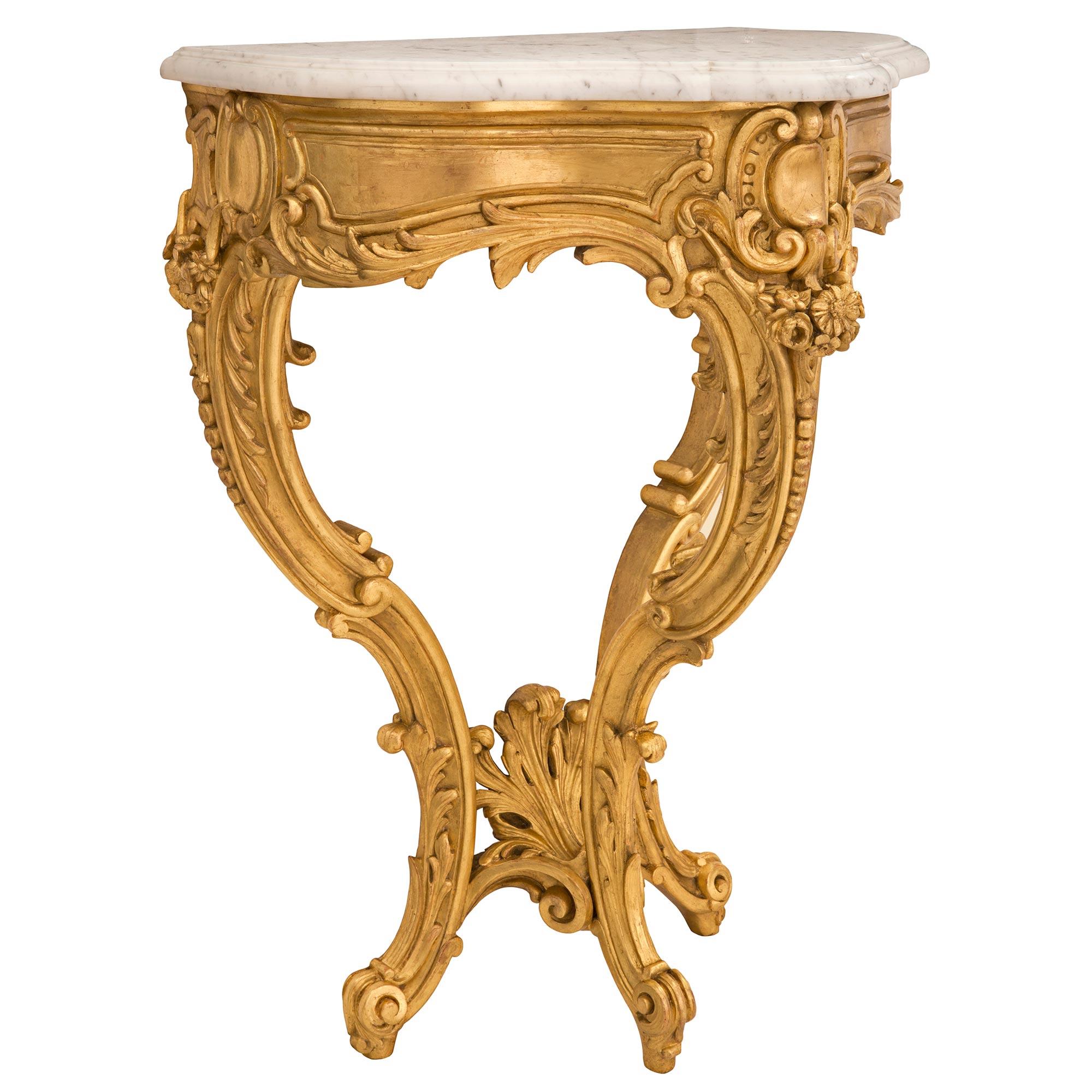 Pair of Italian 19th Century Louis XV St. Giltwood and Marble Consoles In Good Condition For Sale In West Palm Beach, FL