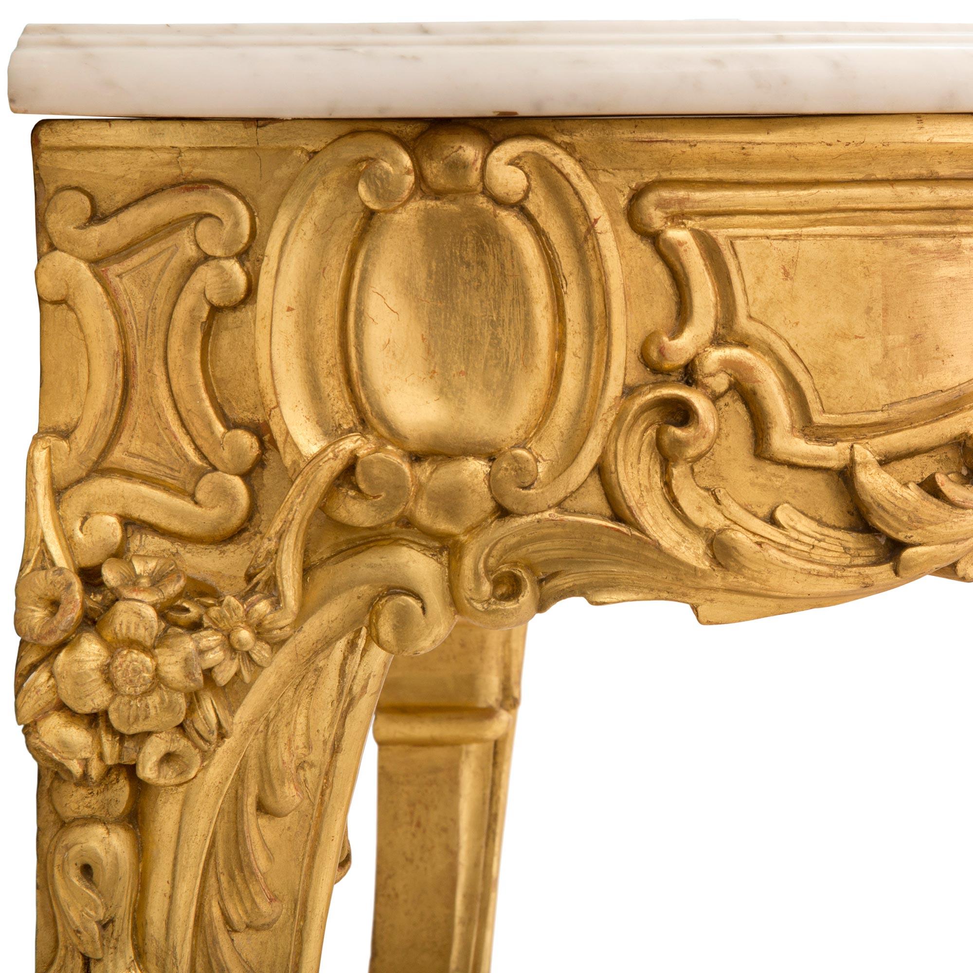 Pair of Italian 19th Century Louis XV St. Giltwood and Marble Consoles For Sale 1