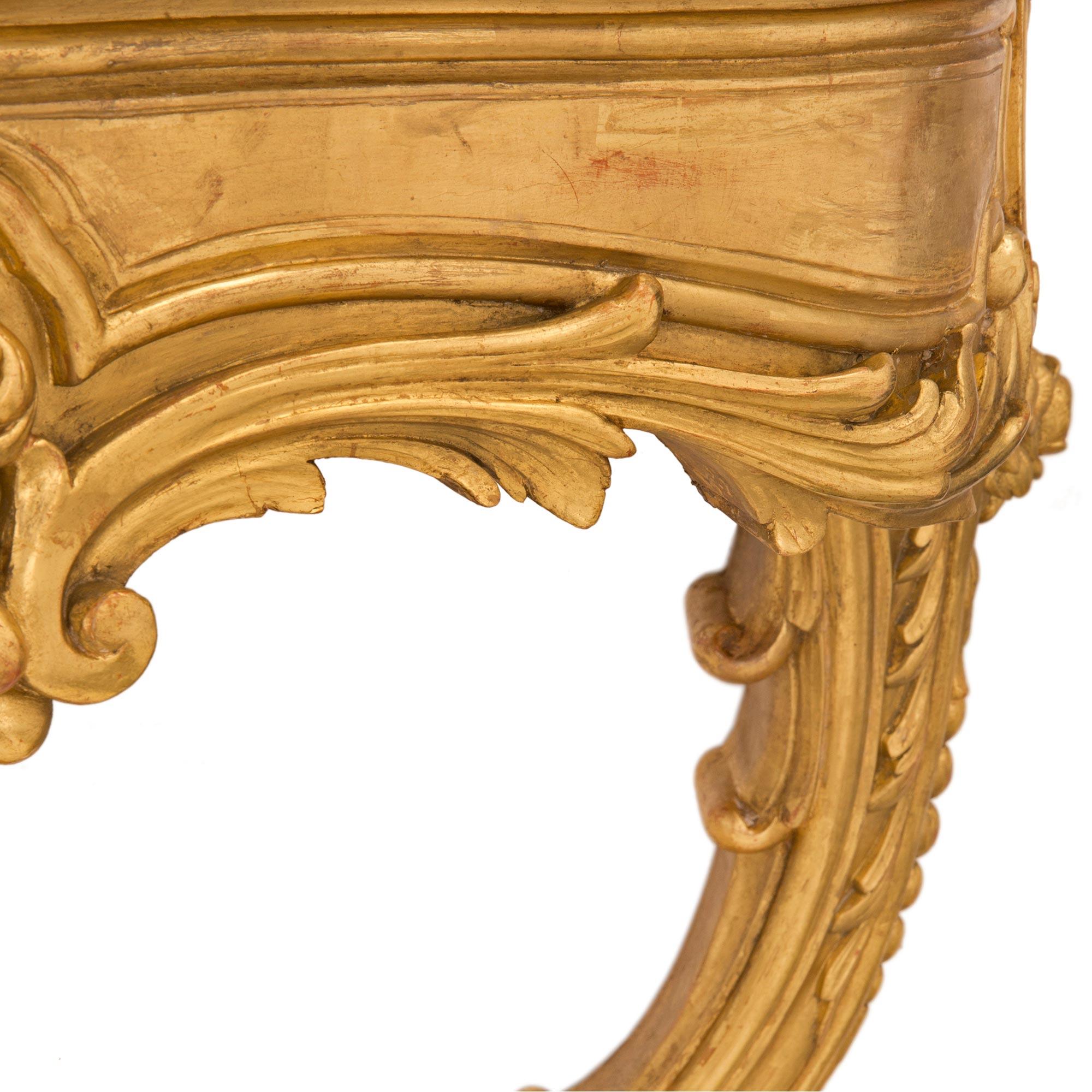 Pair of Italian 19th Century Louis XV St. Giltwood and Marble Consoles For Sale 3