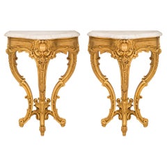 Pair of Italian 19th Century Louis XV St. Giltwood and Marble Consoles