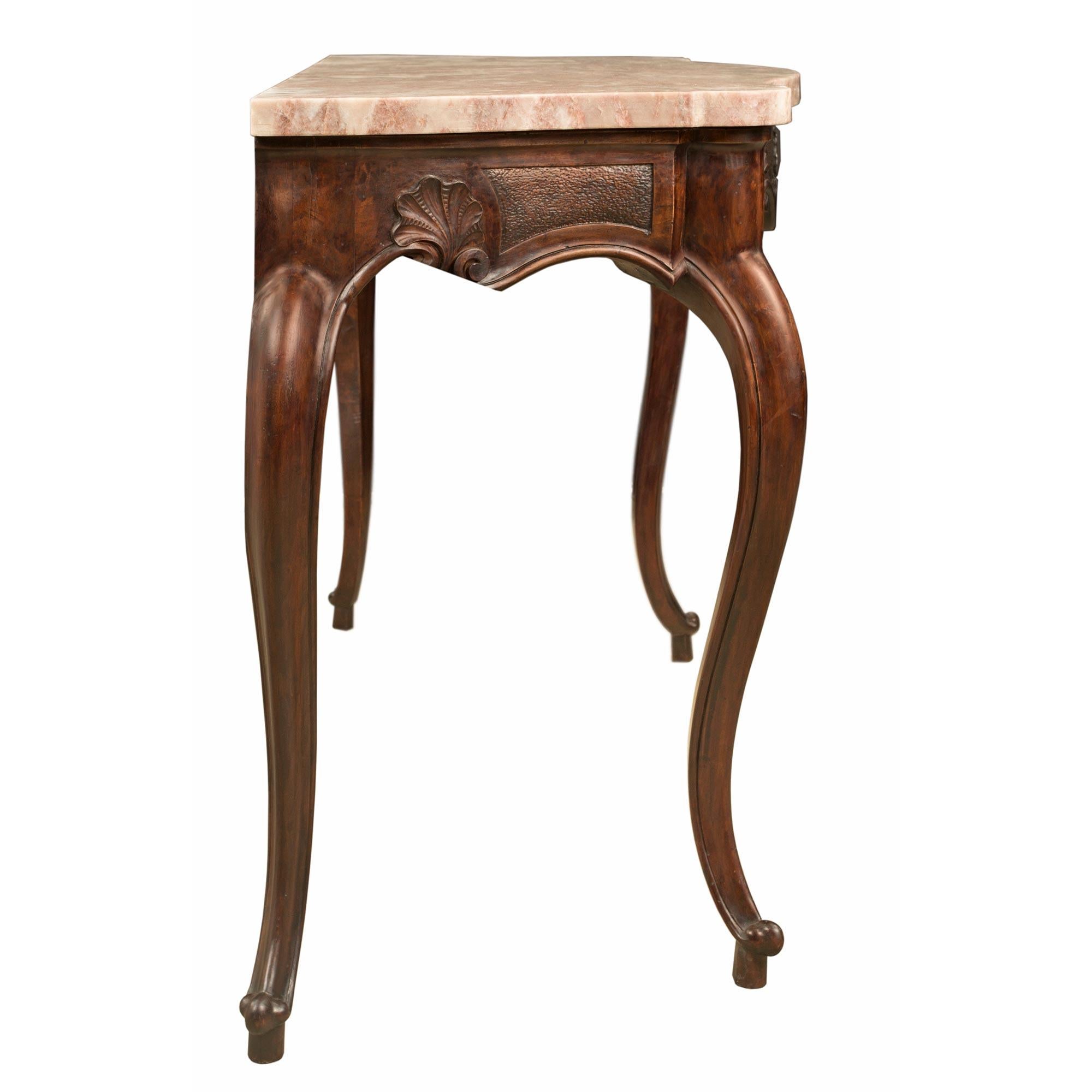 Marble Pair of Italian 19th Century Louis XV St. Tuscan Freestanding Walnut Console For Sale