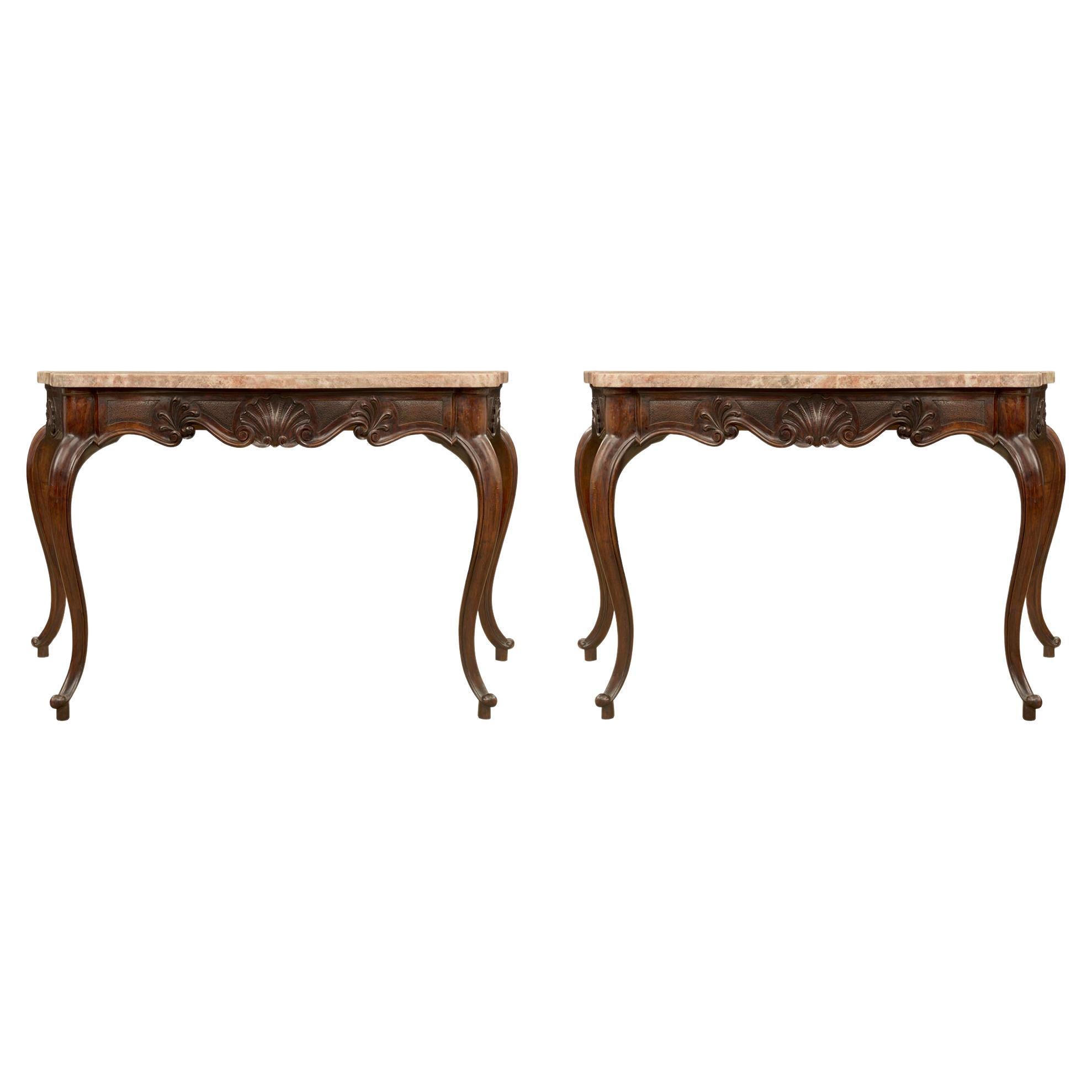 Pair of Italian 19th Century Louis XV St. Tuscan Freestanding Walnut Console For Sale