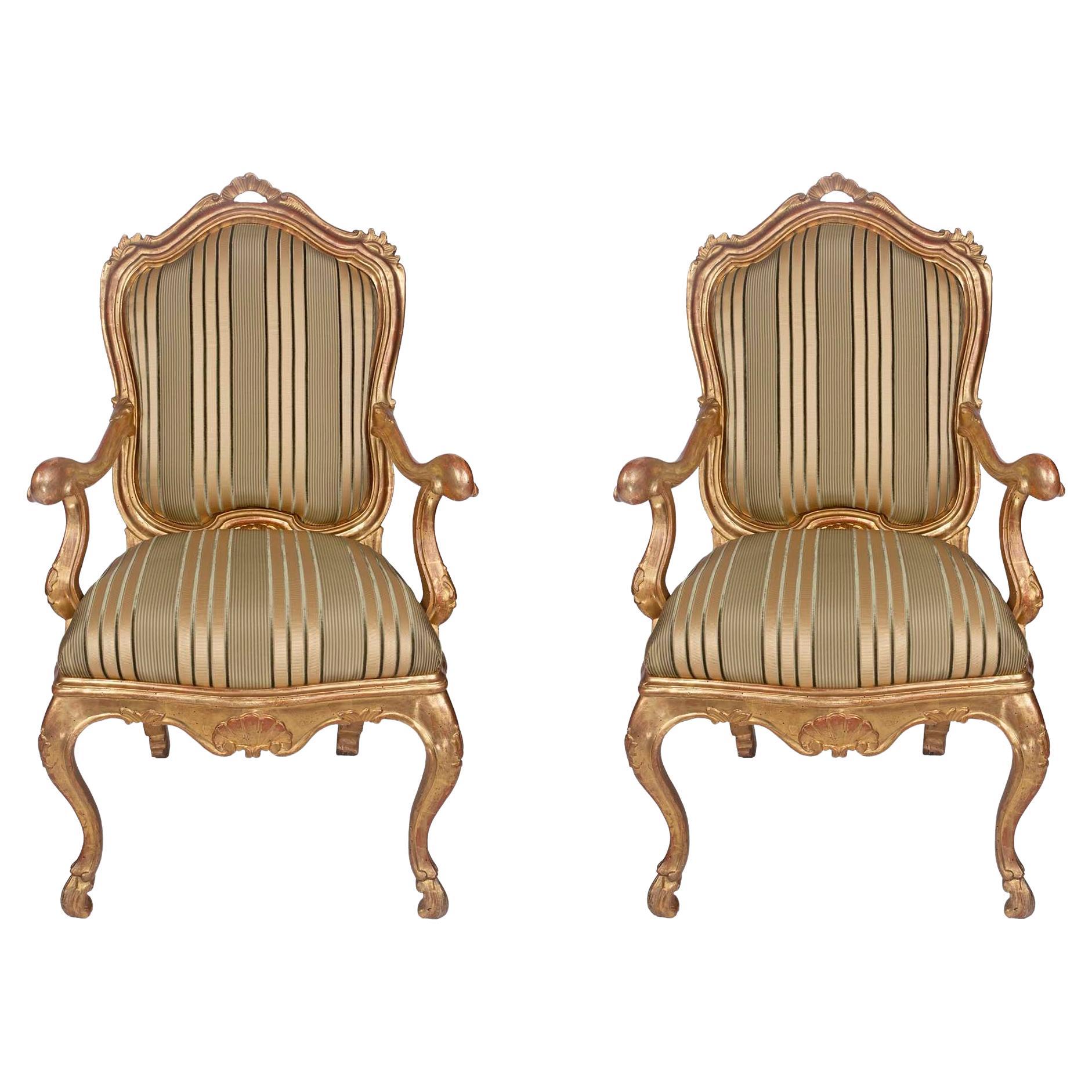 Pair of Italian 19th Century Louis XV Style Giltwood Armchairs À Chassis For Sale