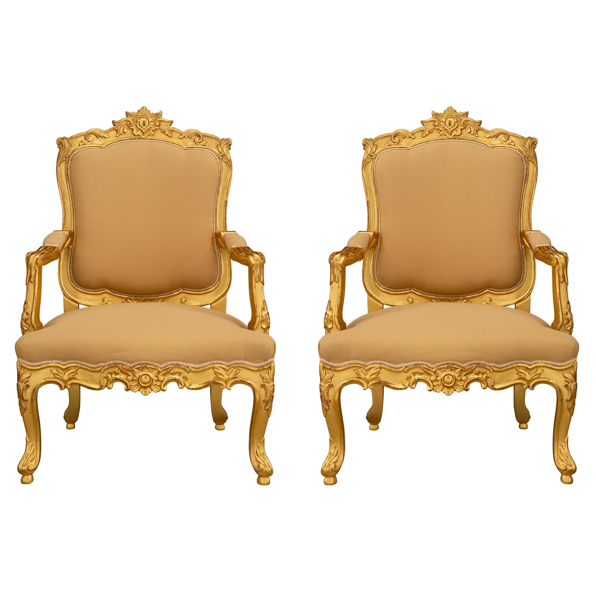 Pair of Italian 19th Century Louis XV Style Giltwood Armchairs For Sale