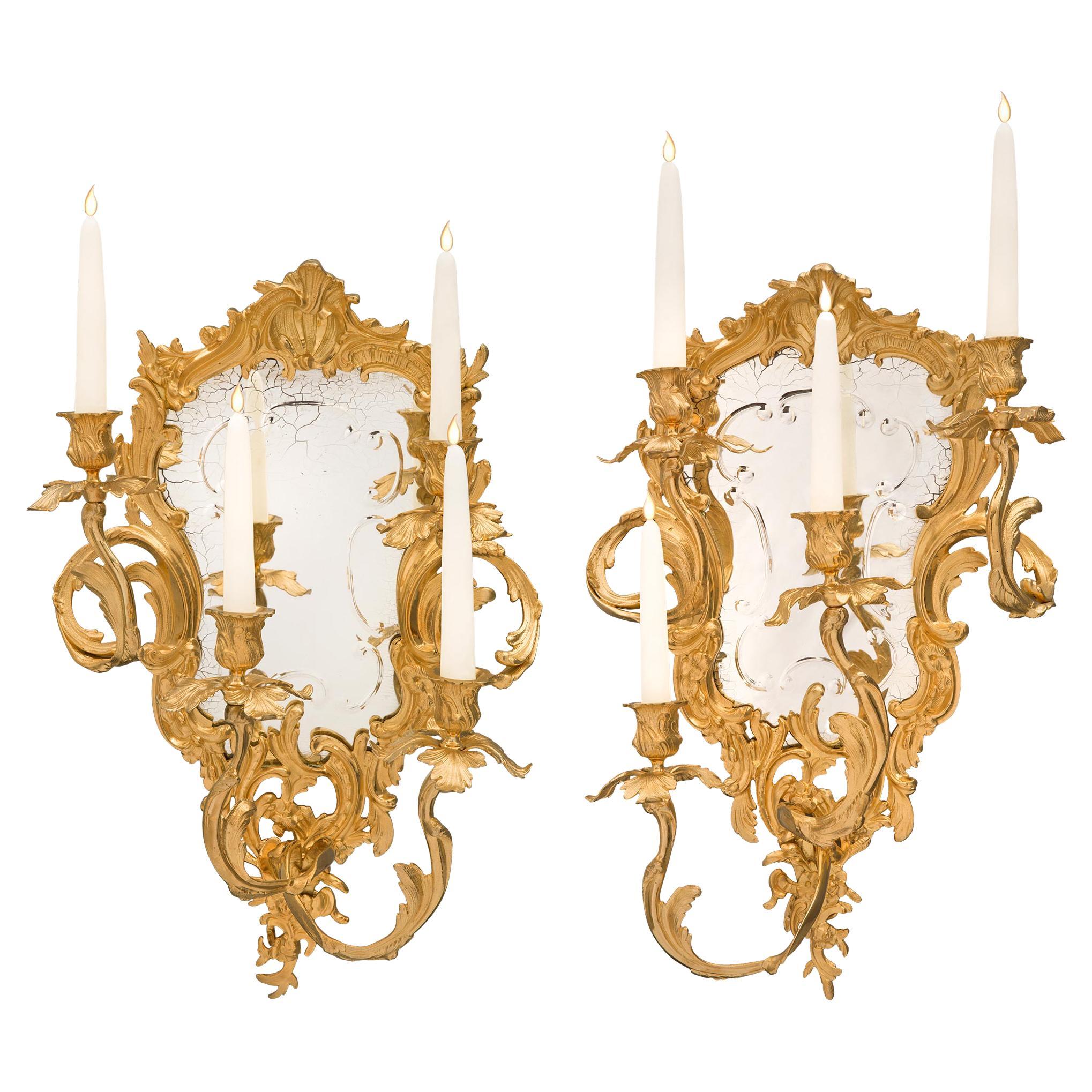 Pair of Italian 19th Century Louis XV Style Ormolu Mirrored Venetian Sconces For Sale