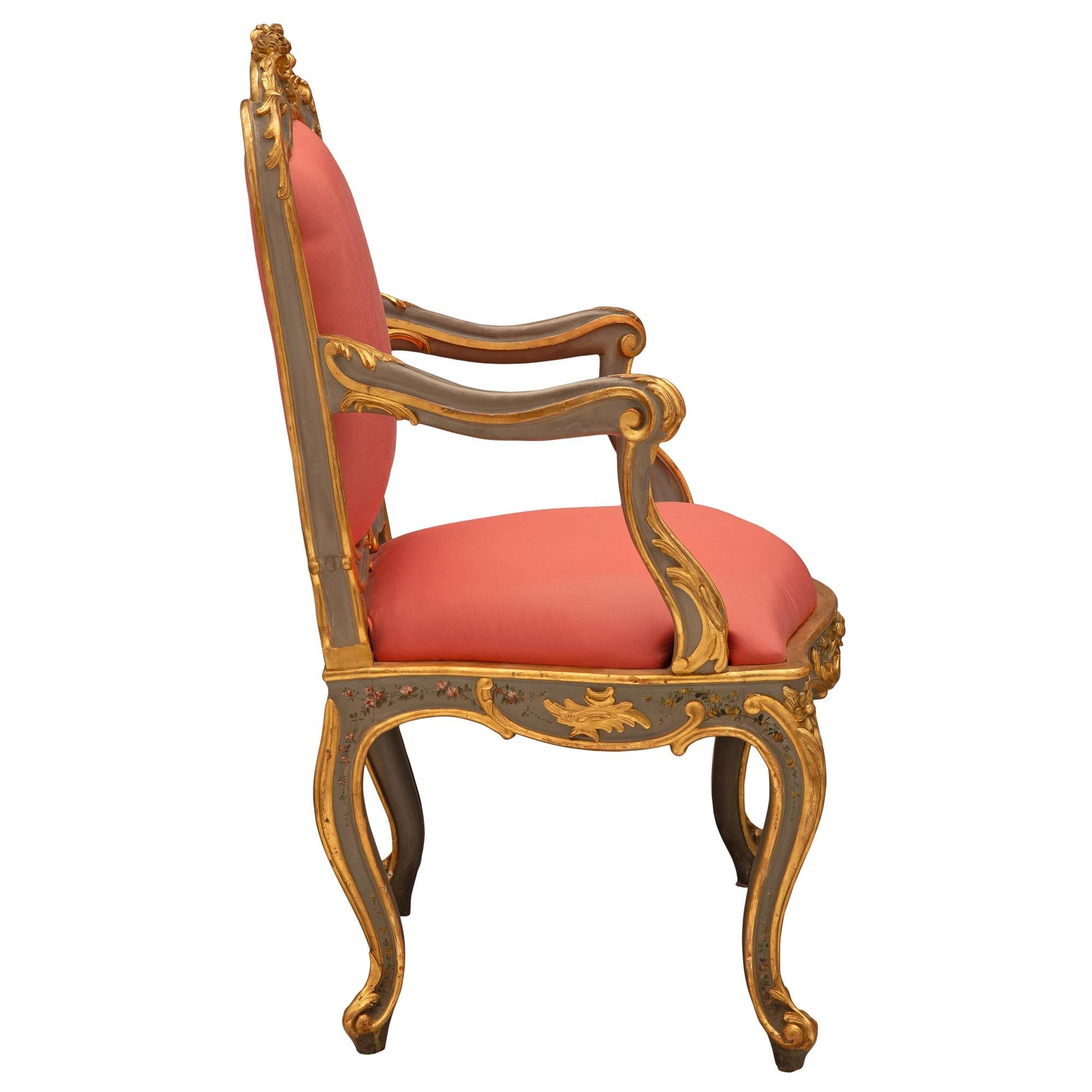 Pair of Italian 19th Century Louis XV Style Patinated and Giltwood Armchairs In Good Condition For Sale In West Palm Beach, FL