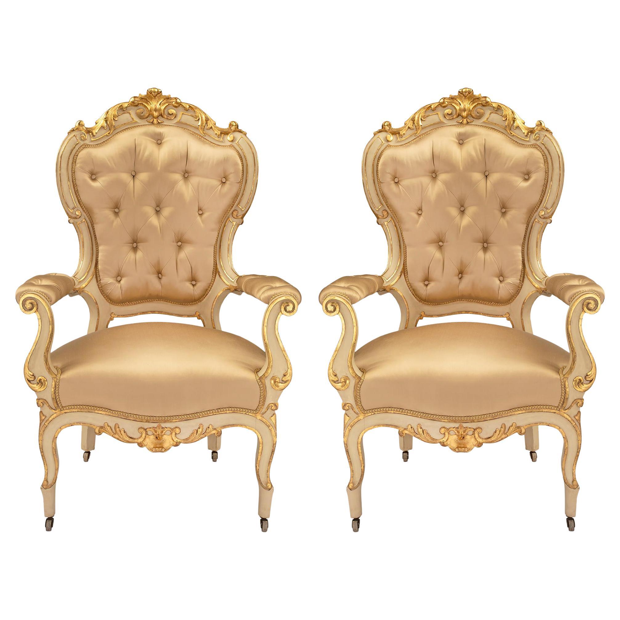 Pair of Italian 19th Century Louis XV Style Patinated and Giltwood Armchairs