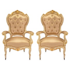 Antique Pair of Italian 19th Century Louis XV Style Patinated and Giltwood Armchairs