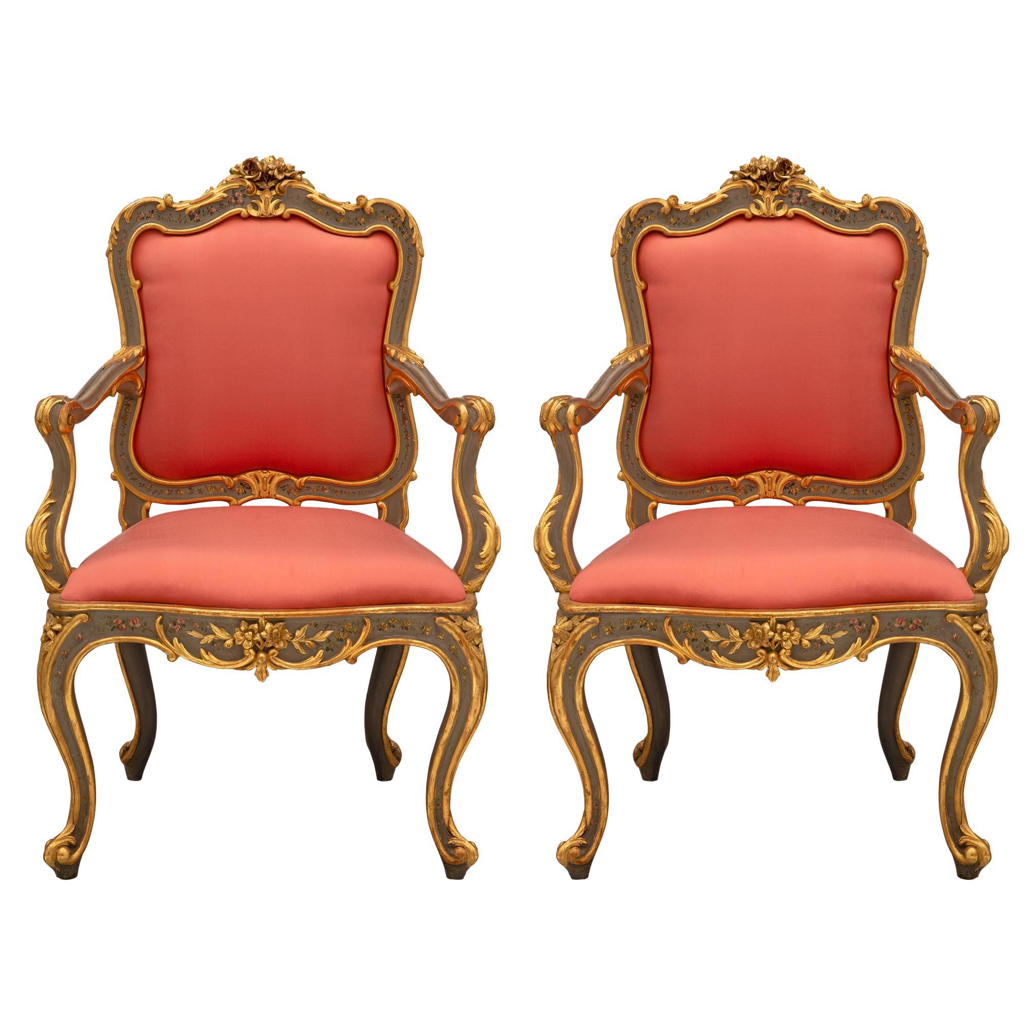 Pair of Italian 19th Century Louis XV Style Patinated and Giltwood Armchairs