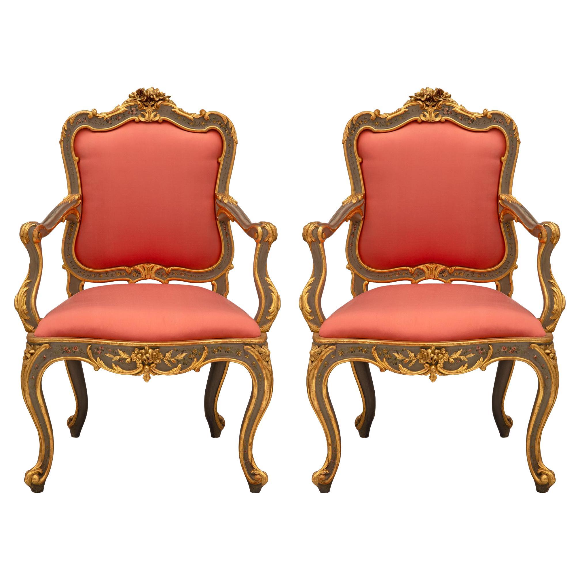 Pair of Italian 19th Century Louis XV Style Patinated and Giltwood Armchairs