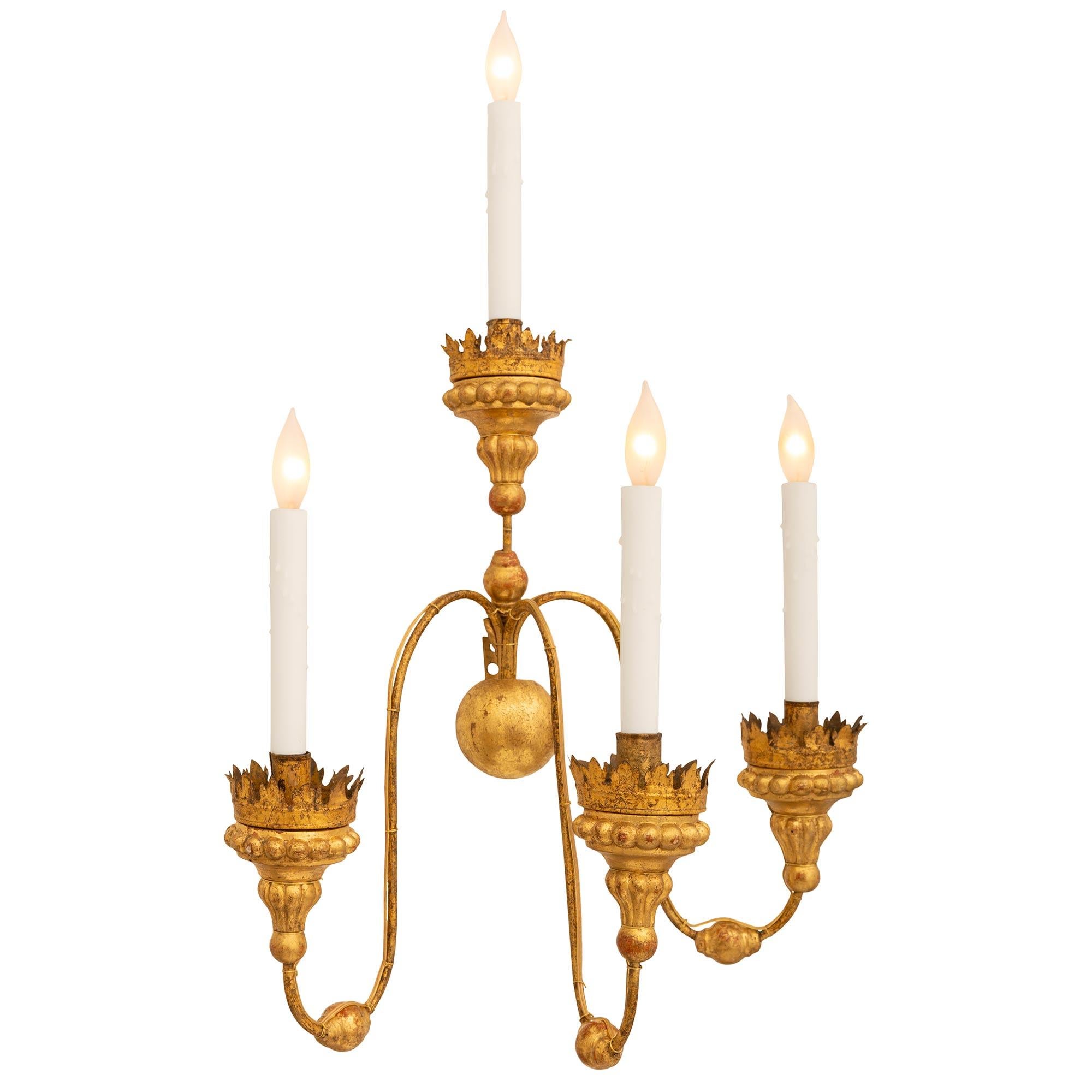 Pair Of Italian 19th Century Louis XVI St. Gilt Metal And Giltwood Sconces In Good Condition For Sale In West Palm Beach, FL