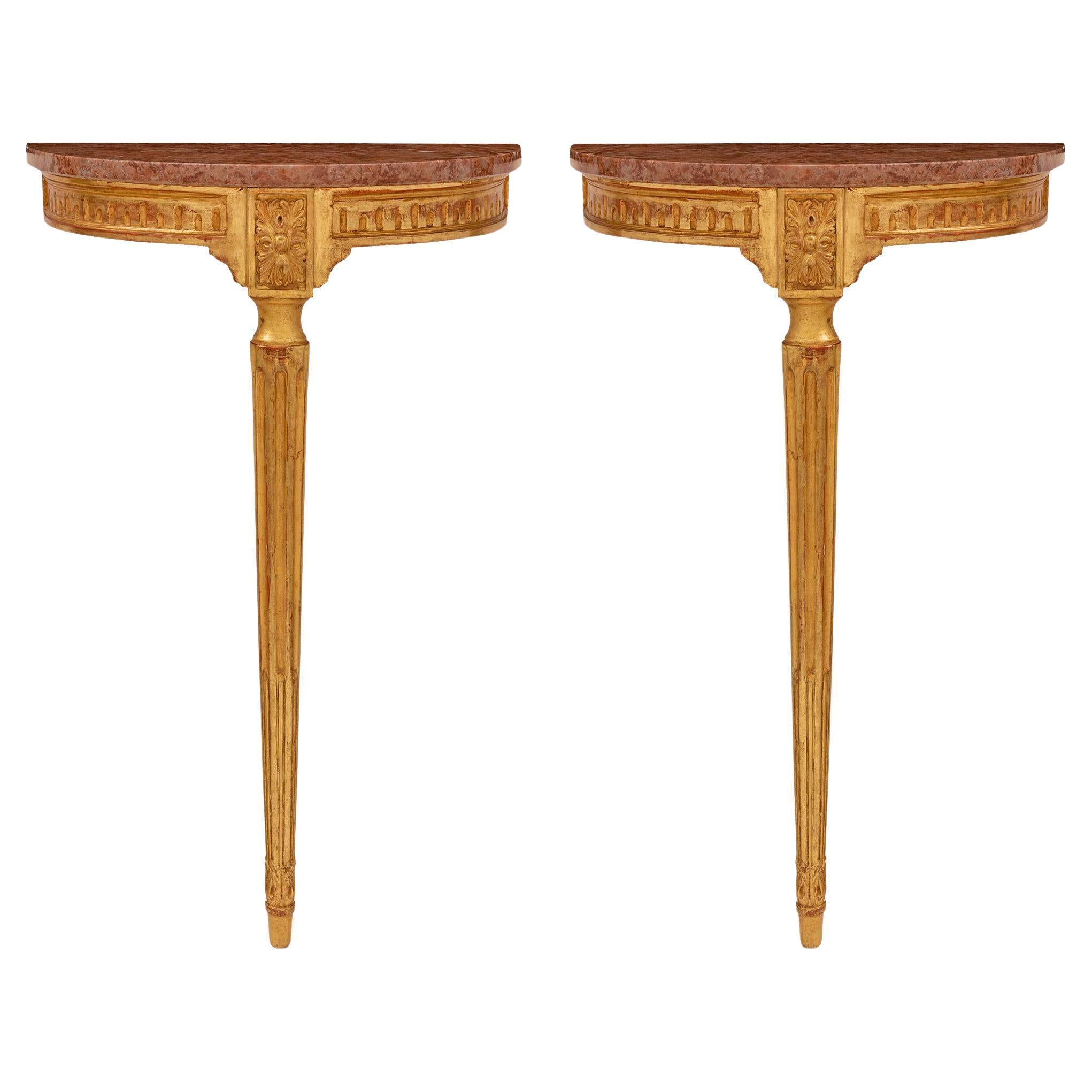 Pair of Italian 19th Century Louis XVI St. Giltwood and Rance De Belgique Marble For Sale