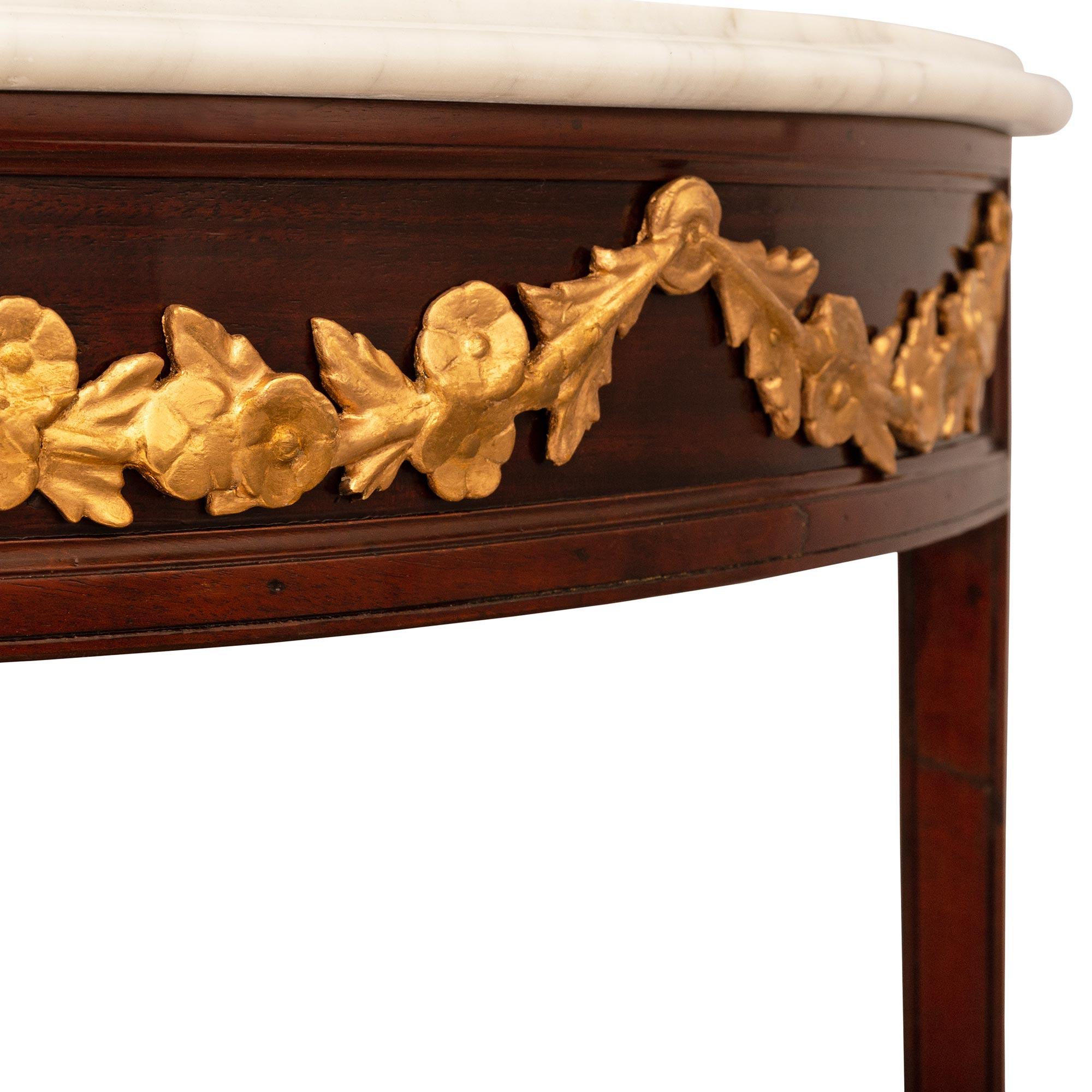 Pair Of Italian 19th Century Louis XVI St. Giltwood, Marble, & Mahogany Consoles For Sale 1