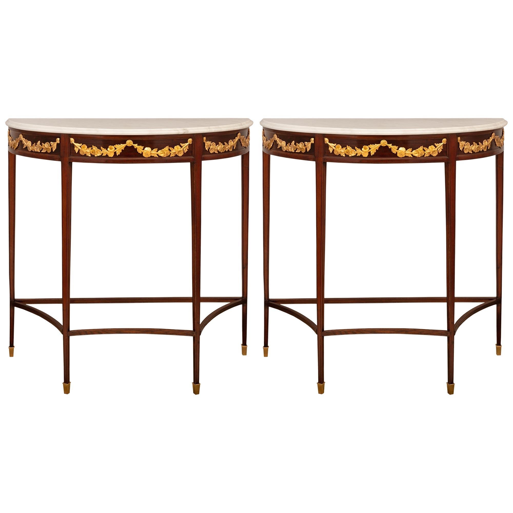 Pair Of Italian 19th Century Louis XVI St. Giltwood, Marble, & Mahogany Consoles For Sale 5