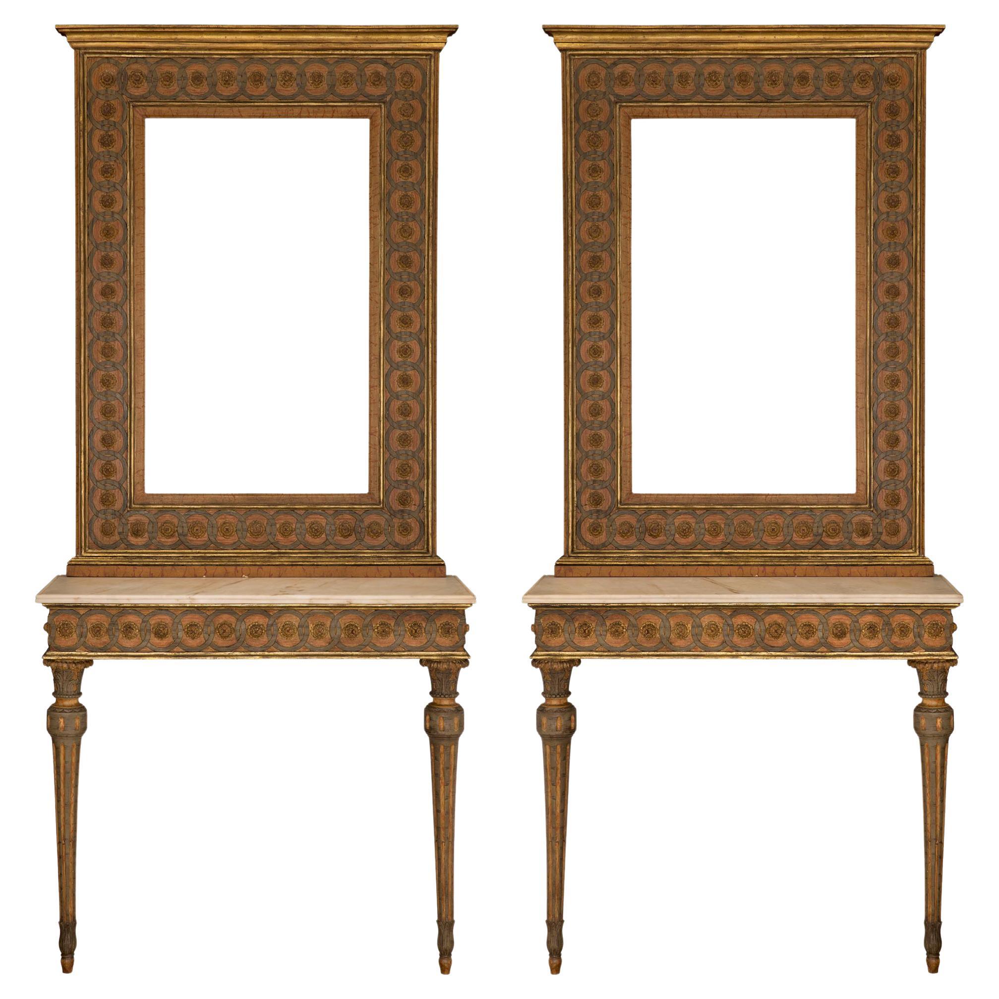 Pair of Italian 19th Century Louis XVI St. Matching Consoles and Mirrors For Sale