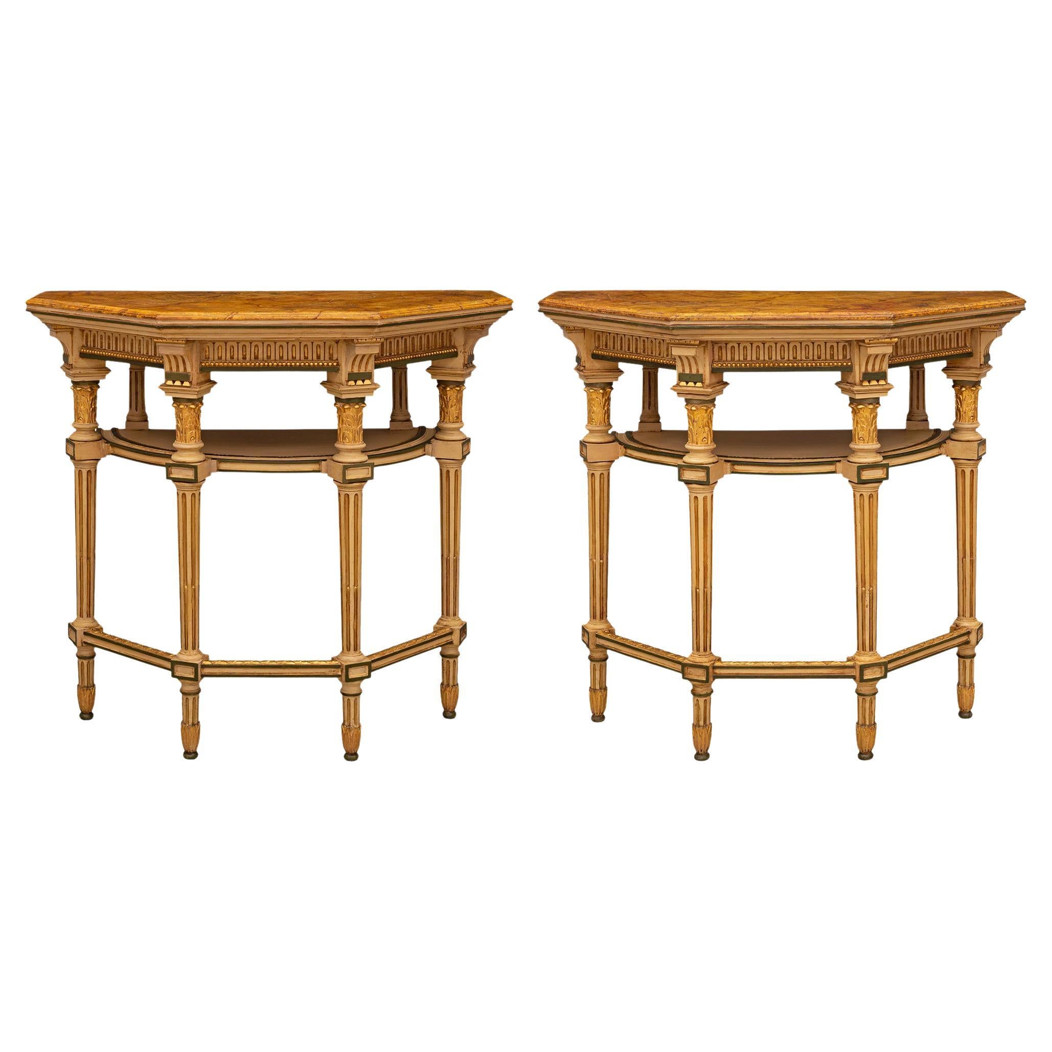 Pair of Italian 19th Century Louis XVI St. Patinated Consoles For Sale