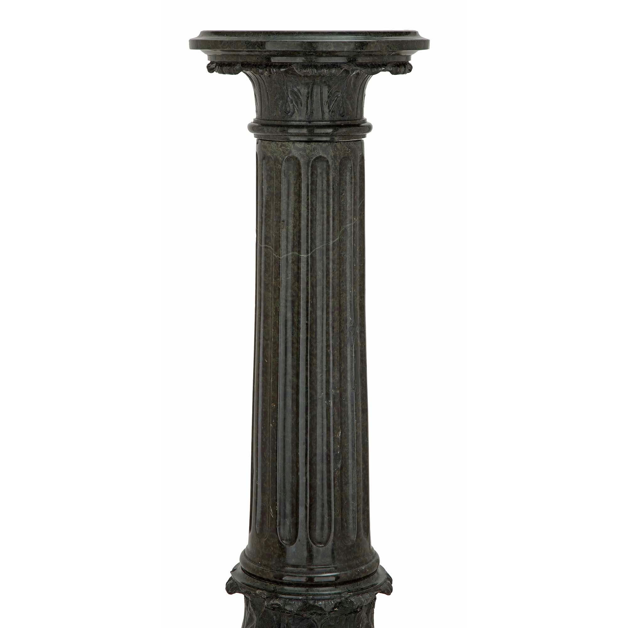 Pair of Italian 19th Century Louis XVI St. Verde Antico Marble Column Pedestals In Good Condition For Sale In West Palm Beach, FL
