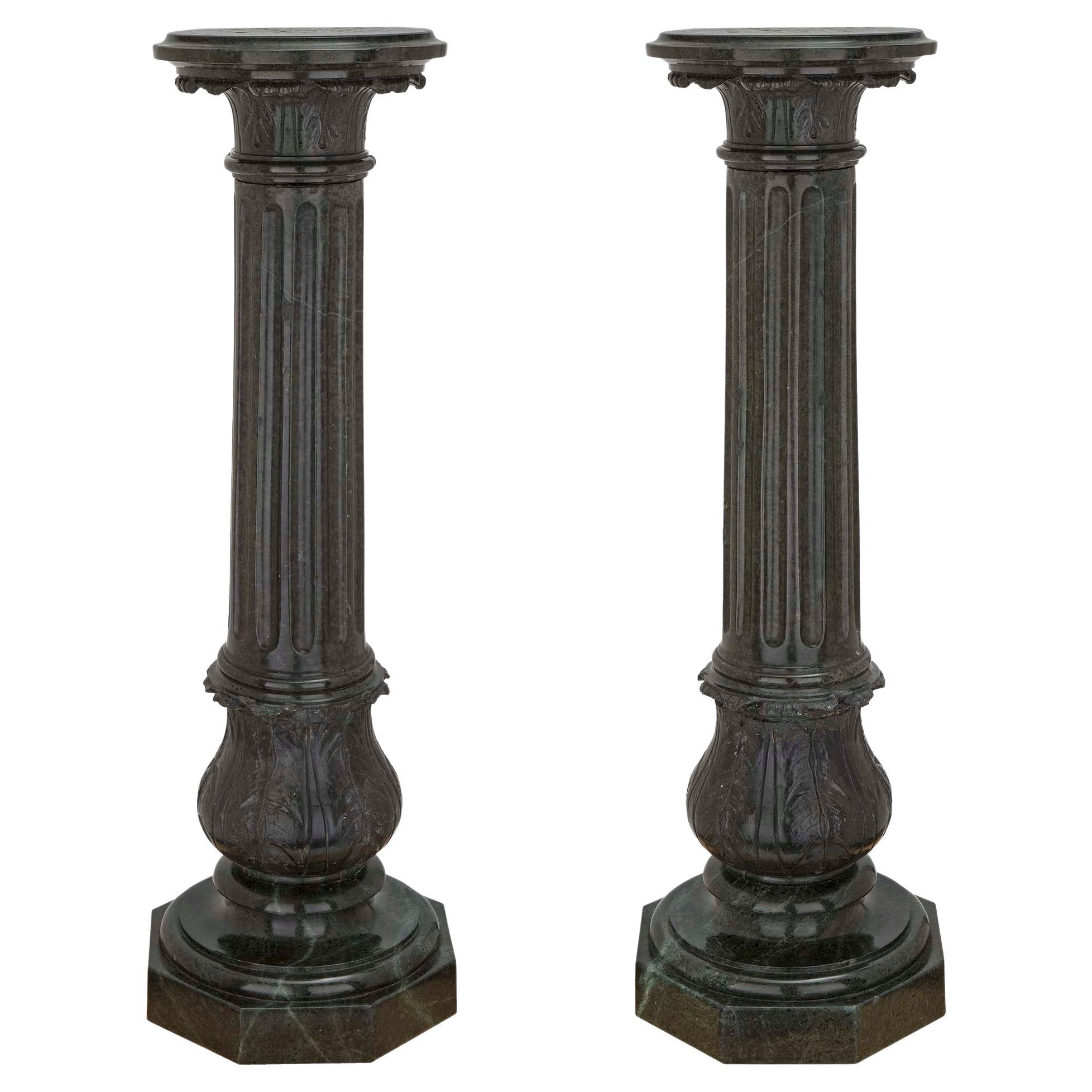 Pair of Italian 19th Century Louis XVI St. Verde Antico Marble Column Pedestals For Sale