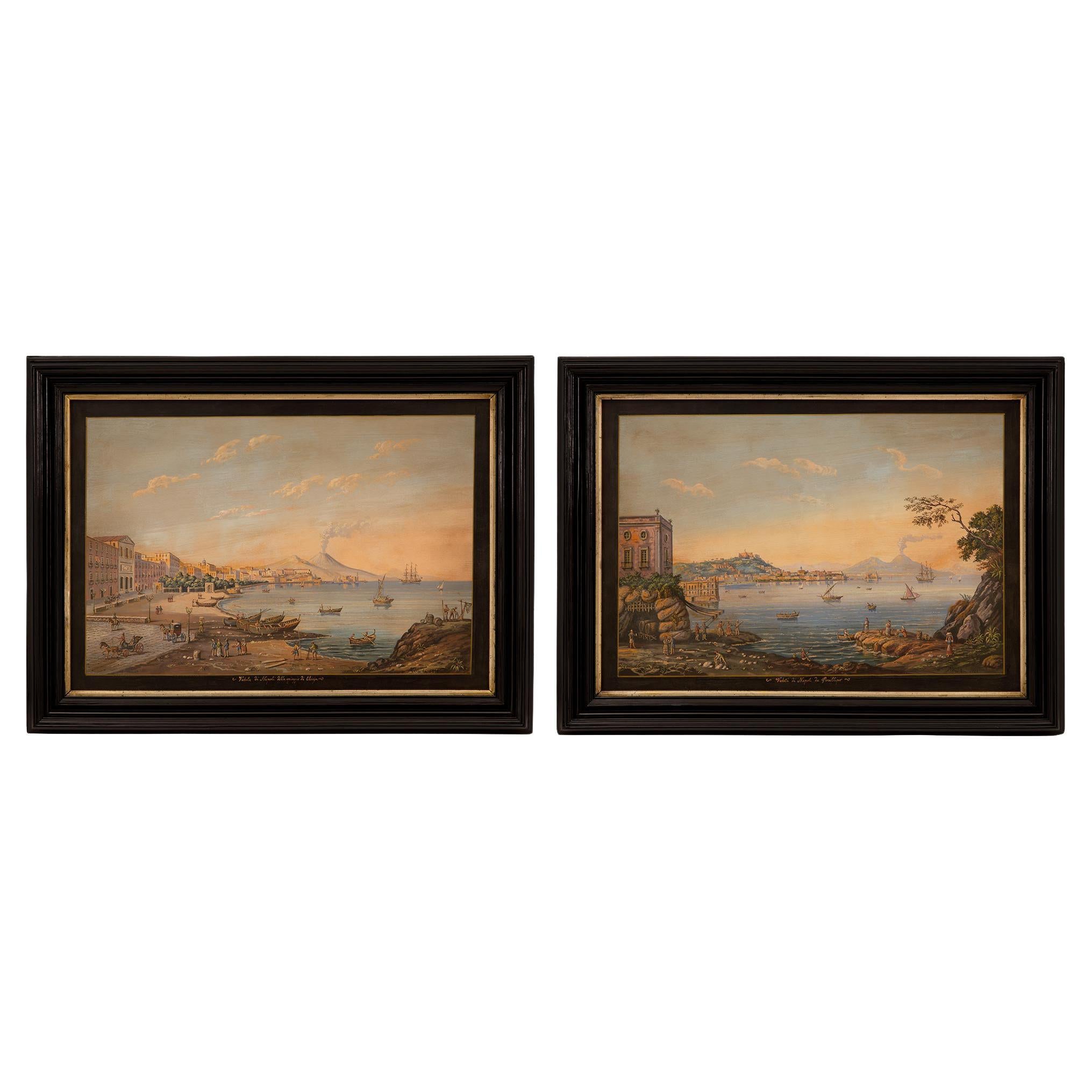 Coppia di gouaches italiane del XIX secolo in stile Luigi XVI nelle loro cornici originali