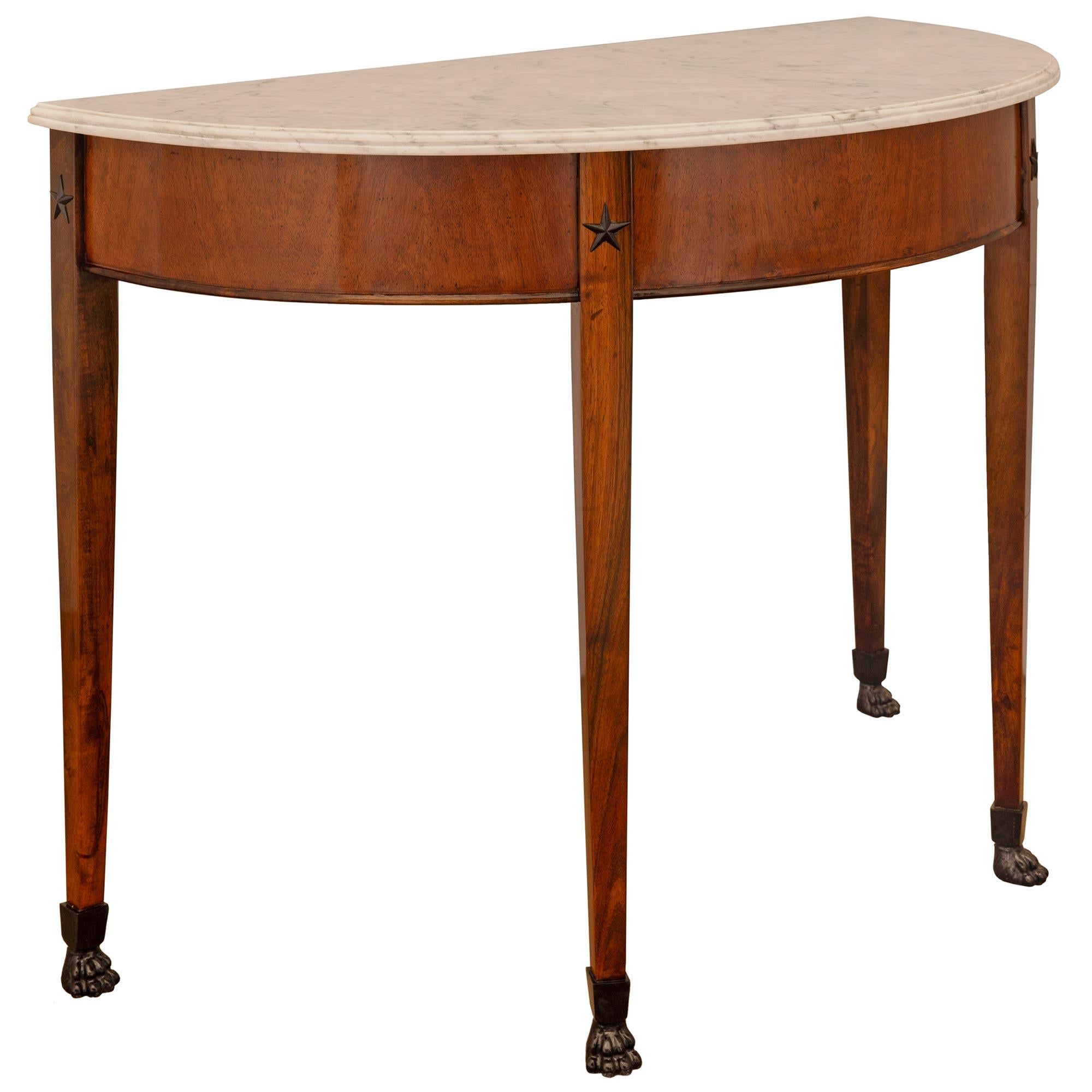 Neoclassical pair of Italian 19th century Mahogany, Fruitwood and marble consoles For Sale
