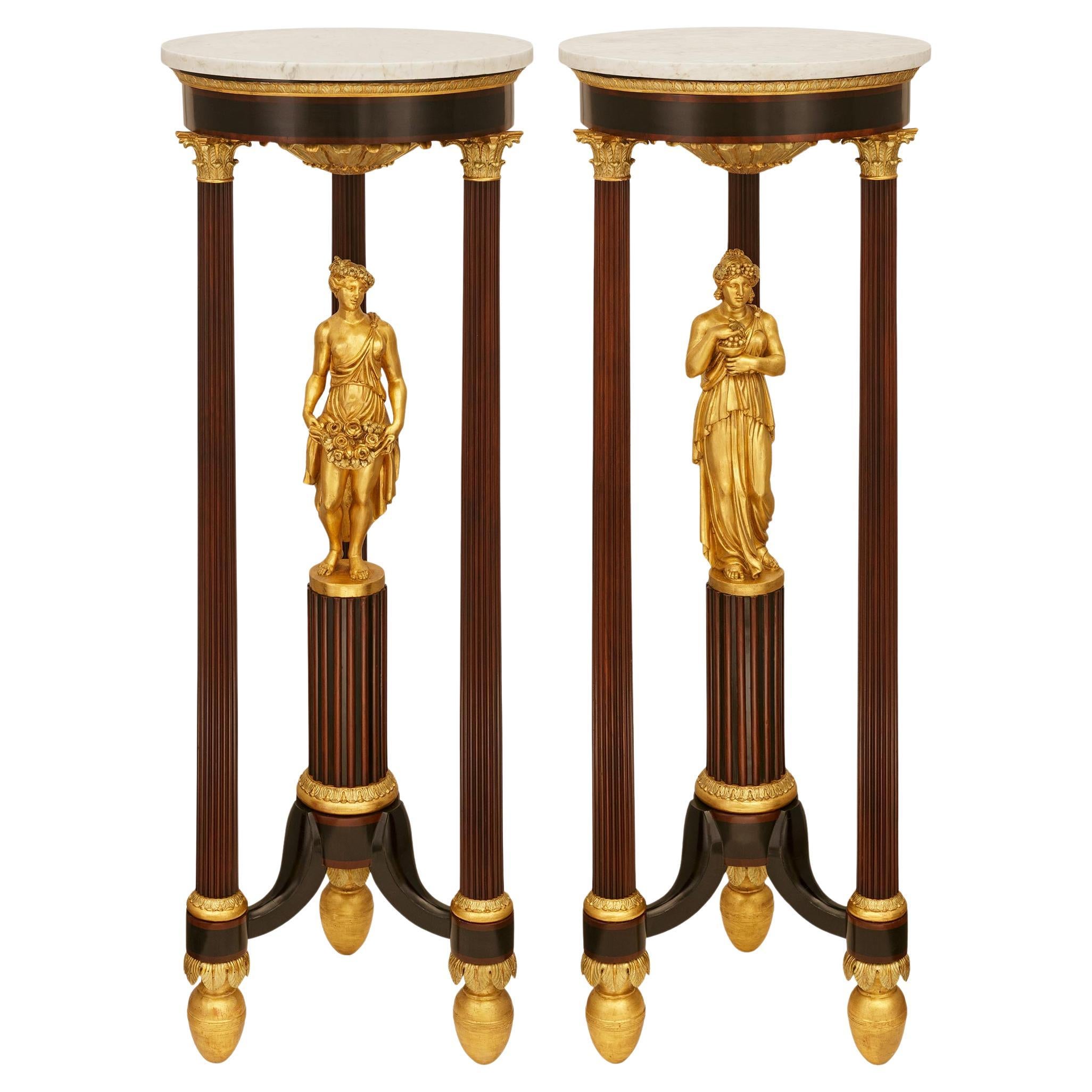 pair of Italian 19th century Mahogany, Giltwood and Marble pedestals For Sale