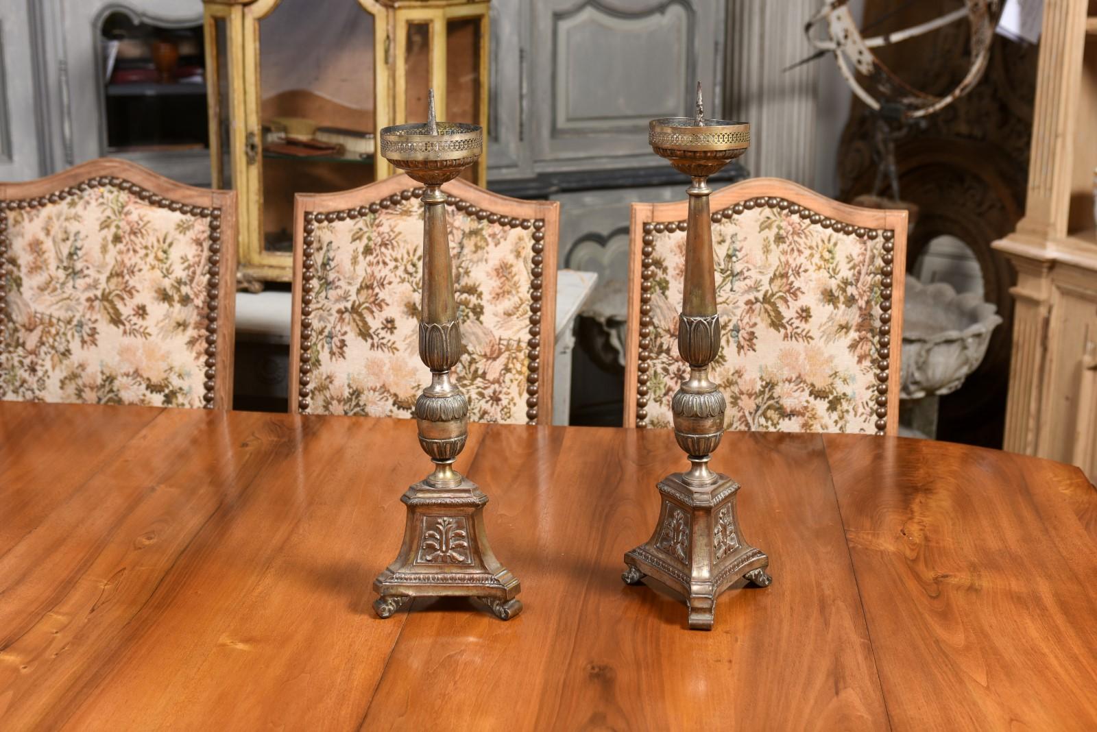 Pair of Italian 19th Century Metal Candlesticks with Silver and Gold Tones For Sale 8