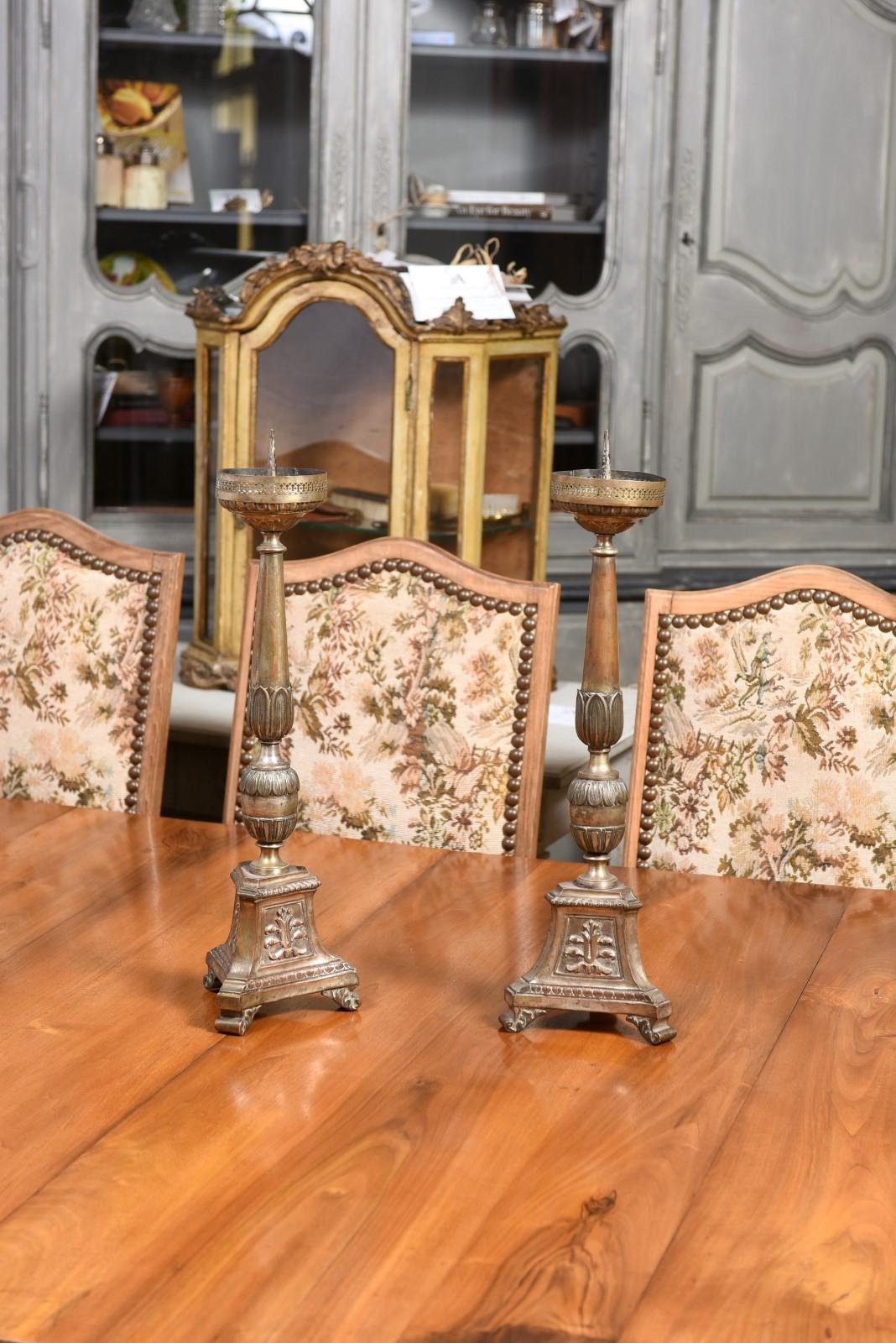 Gilt Pair of Italian 19th Century Metal Candlesticks with Silver and Gold Tones For Sale