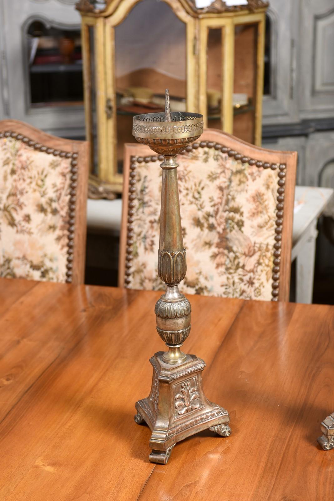 Pair of Italian 19th Century Metal Candlesticks with Silver and Gold Tones In Good Condition For Sale In Atlanta, GA