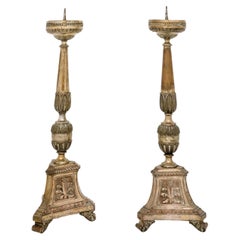 Antique Pair of Italian 19th Century Metal Candlesticks with Silver and Gold Tones