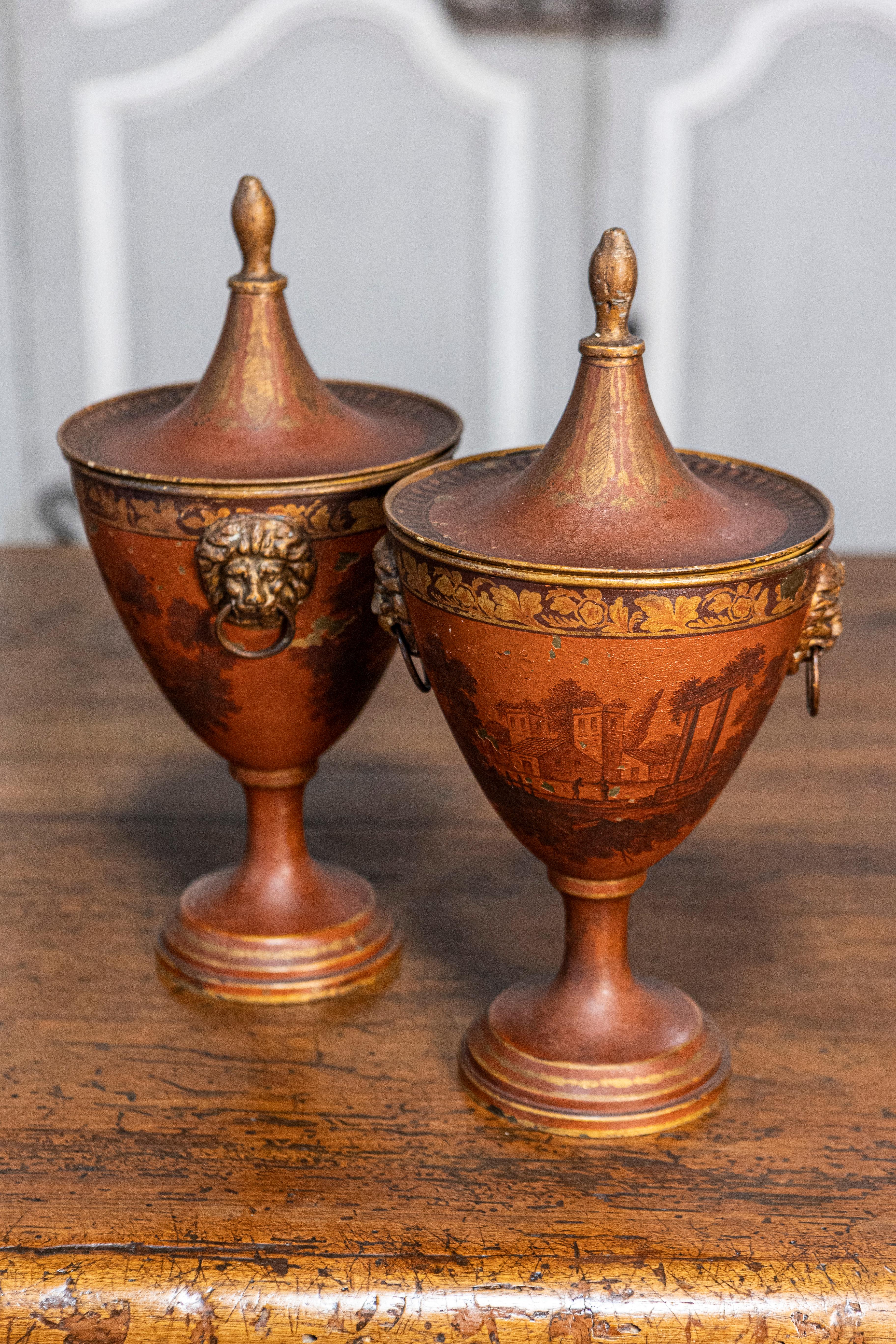 Pair of Italian 19th Century Napoleon III Lacquered Tin Lidded Vases with Scenes In Good Condition For Sale In Atlanta, GA