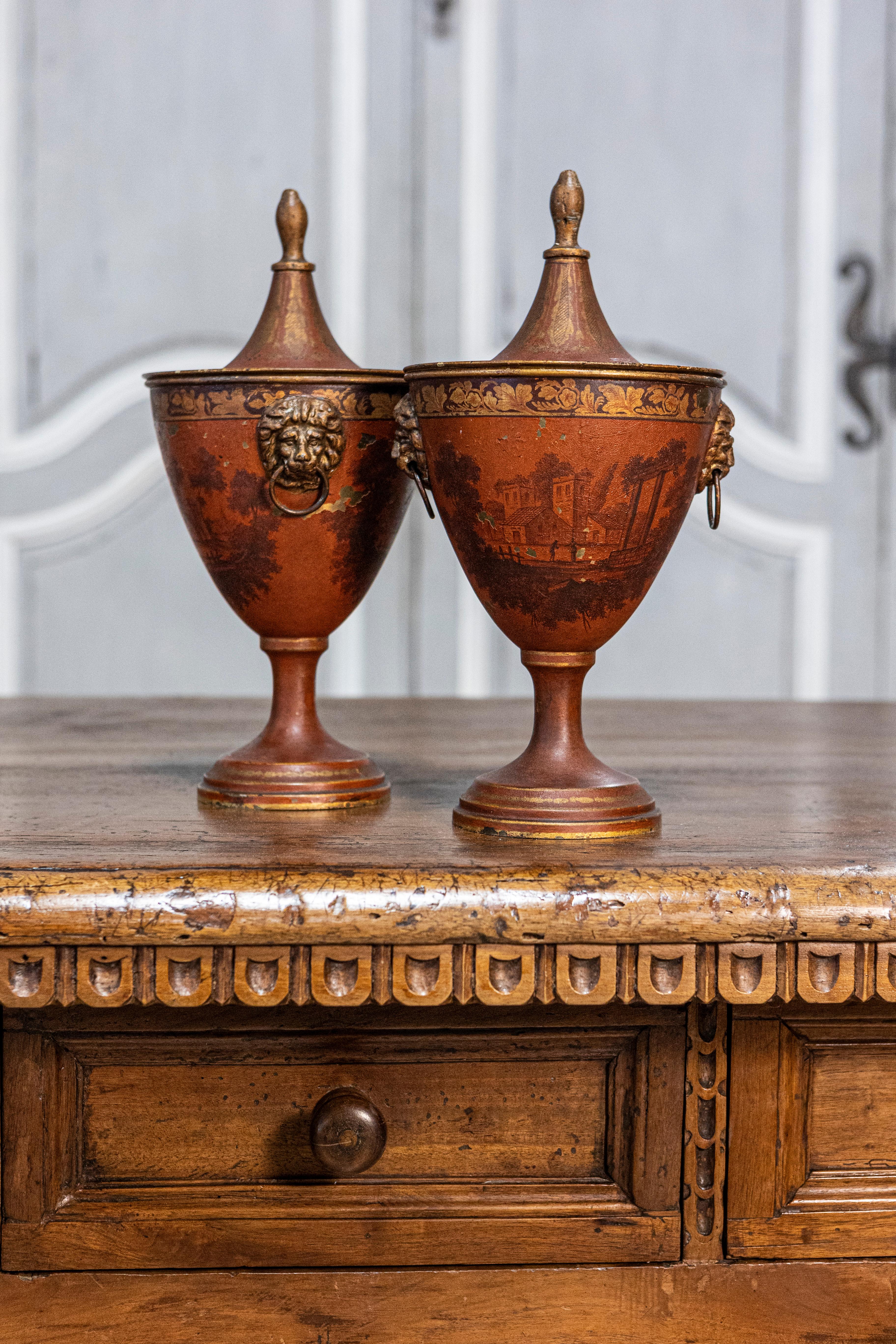 Pair of Italian 19th Century Napoleon III Lacquered Tin Lidded Vases with Scenes For Sale 1