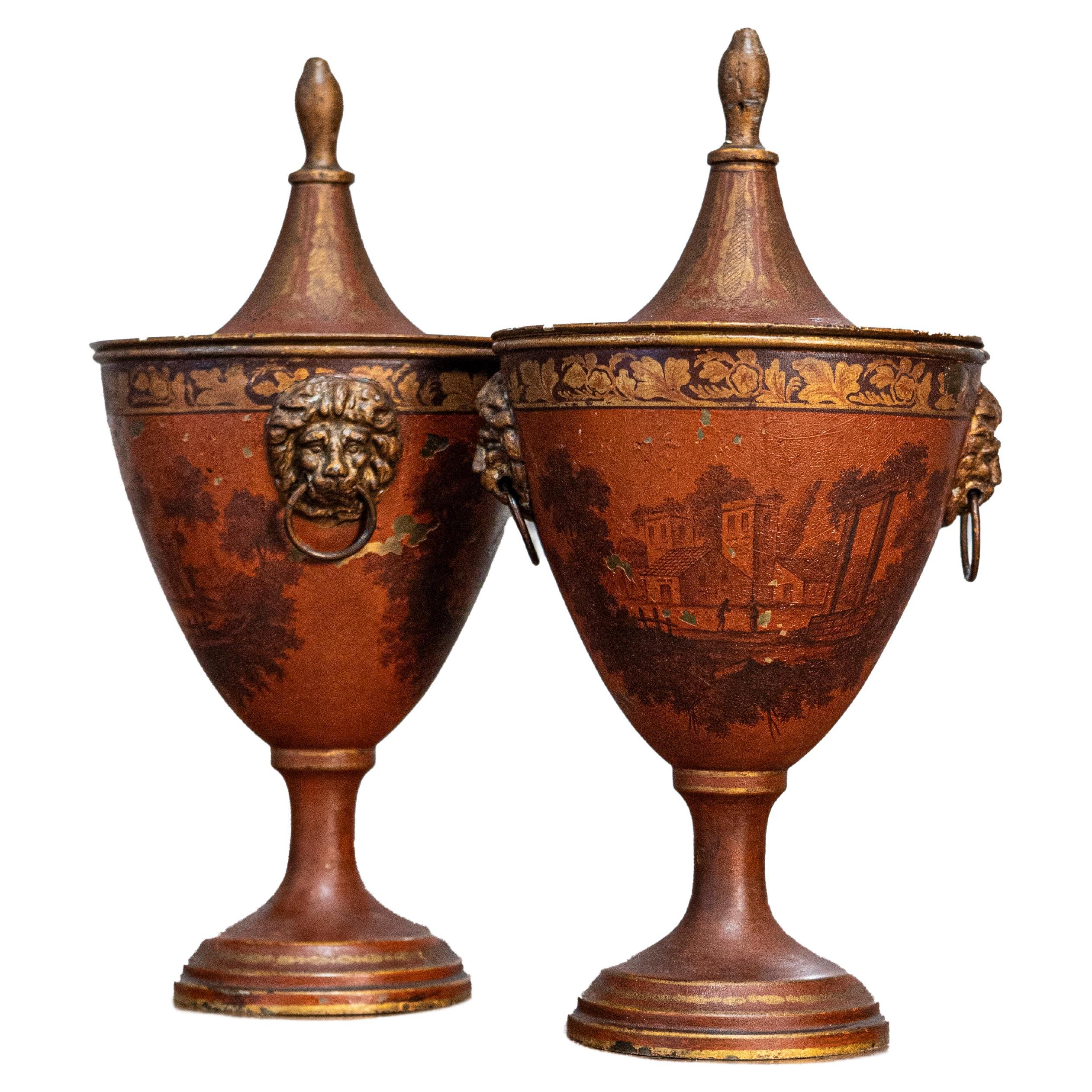 Pair of Italian 19th Century Napoleon III Lacquered Tin Lidded Vases with Scenes For Sale