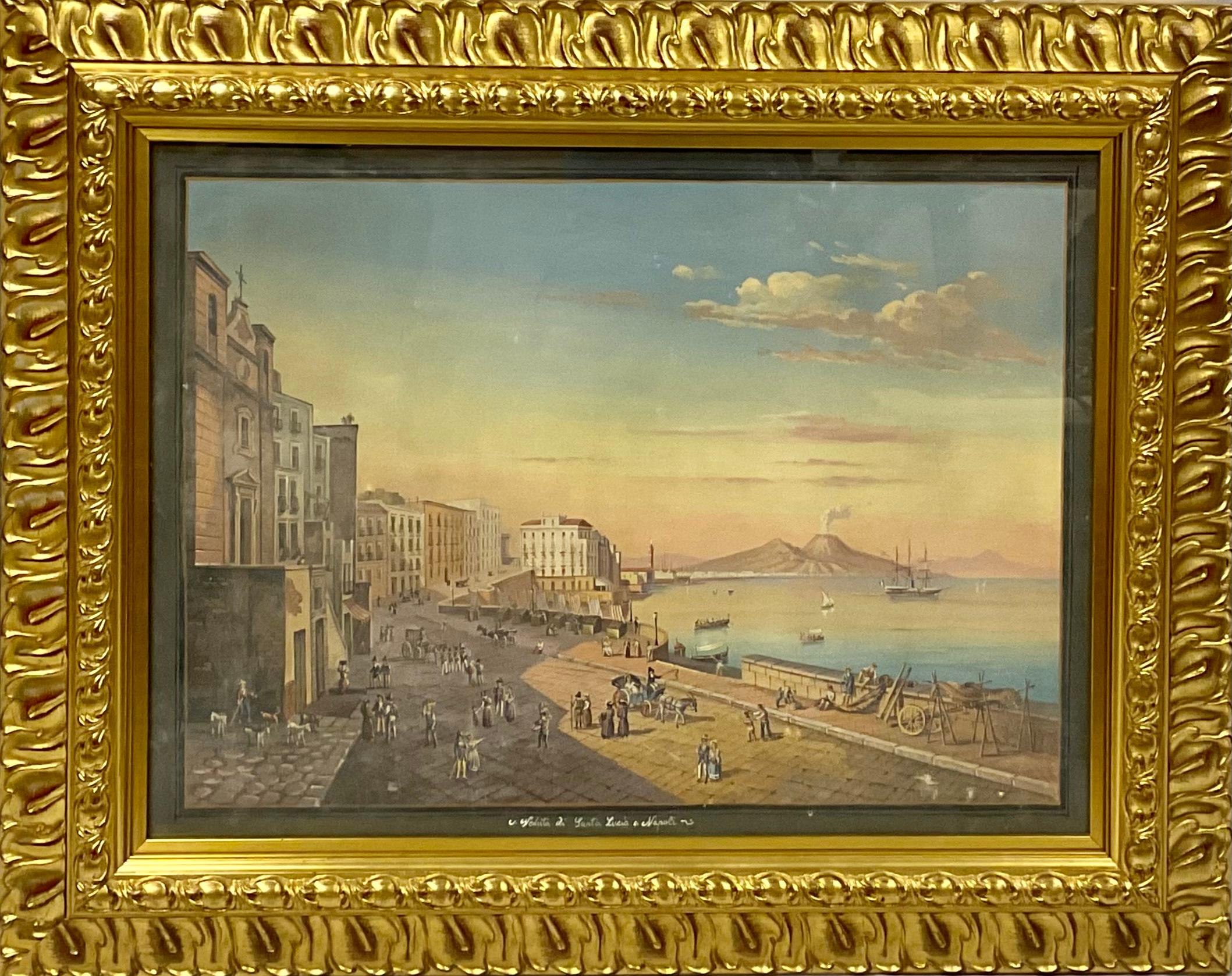 An absolutely exquisite pair of Italian 19th century Neapolitan gouaches in 20th century giltwood frames. One depicts the volcano eruption of 1822 in Naples, the other is an affluent residential area, in southern Italy, on the coast of the gulf of