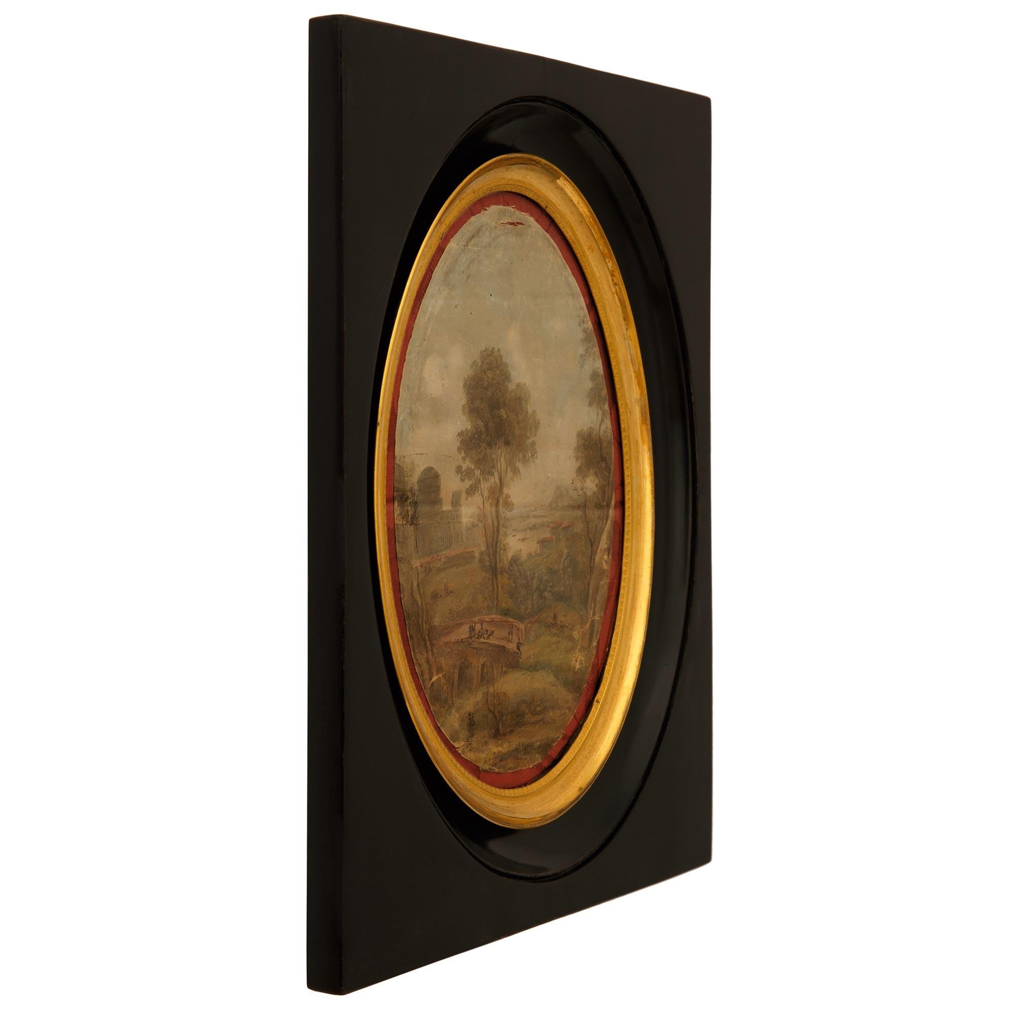 Néoclassique Paire de tableaux néo-classiques italiens du XIXe siècle en ébène, bois doré et soie en vente