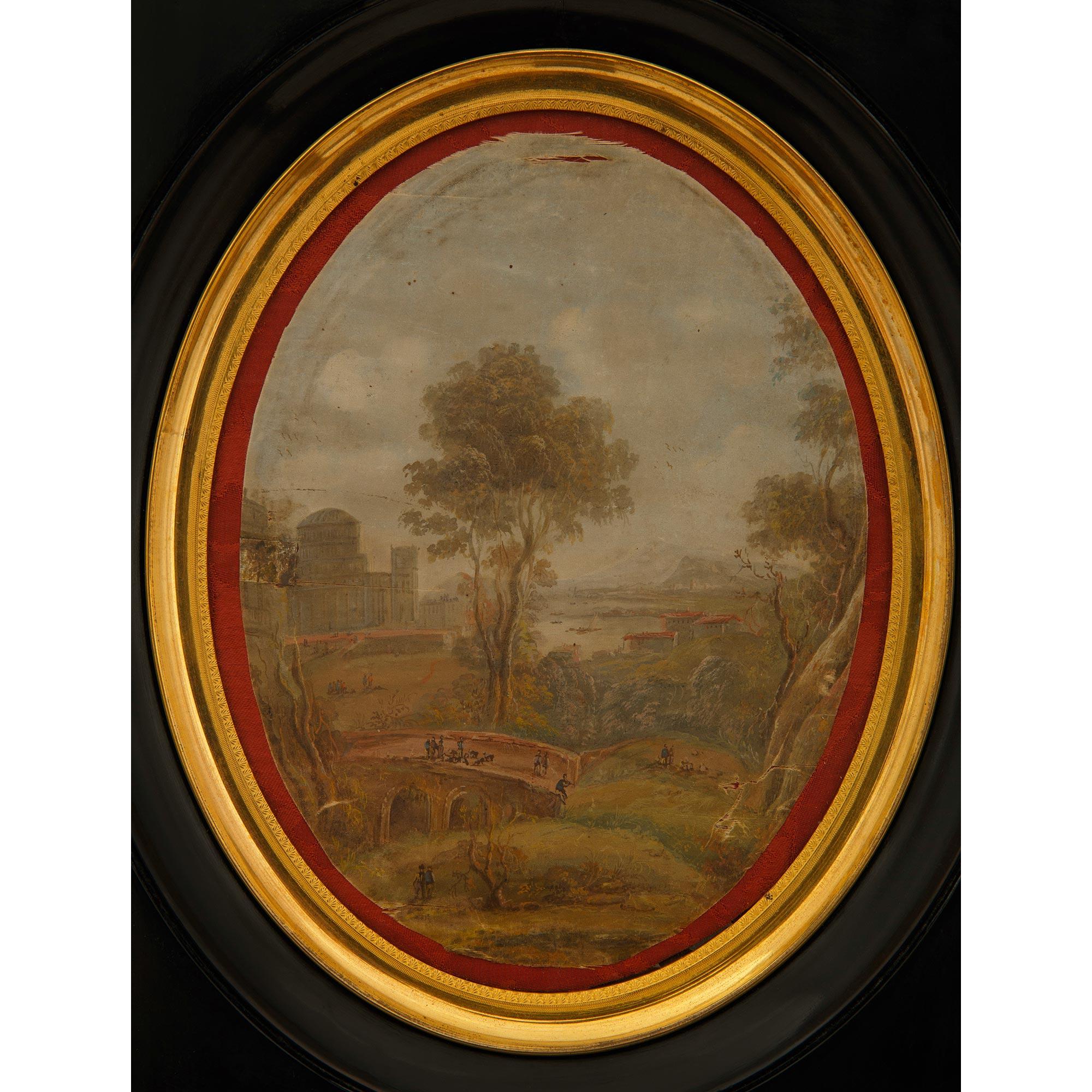 Paire de tableaux néo-classiques italiens du XIXe siècle en ébène, bois doré et soie Bon état - En vente à West Palm Beach, FL