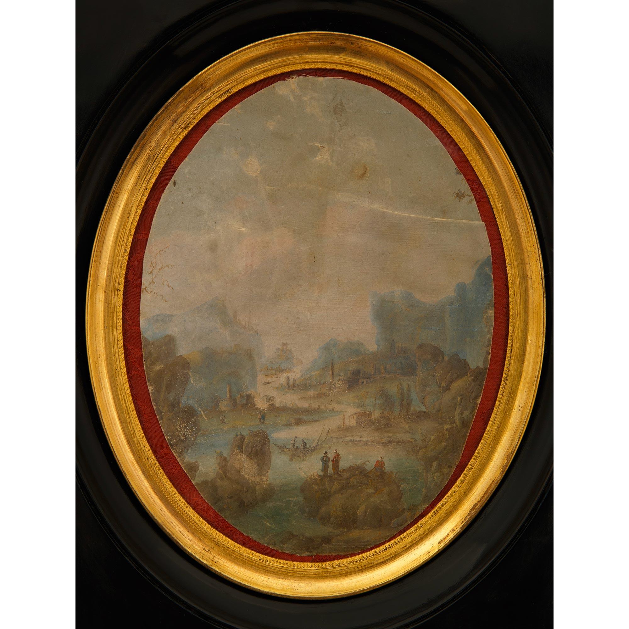Paire de tableaux néo-classiques italiens du XIXe siècle en ébène, bois doré et soie en vente 1